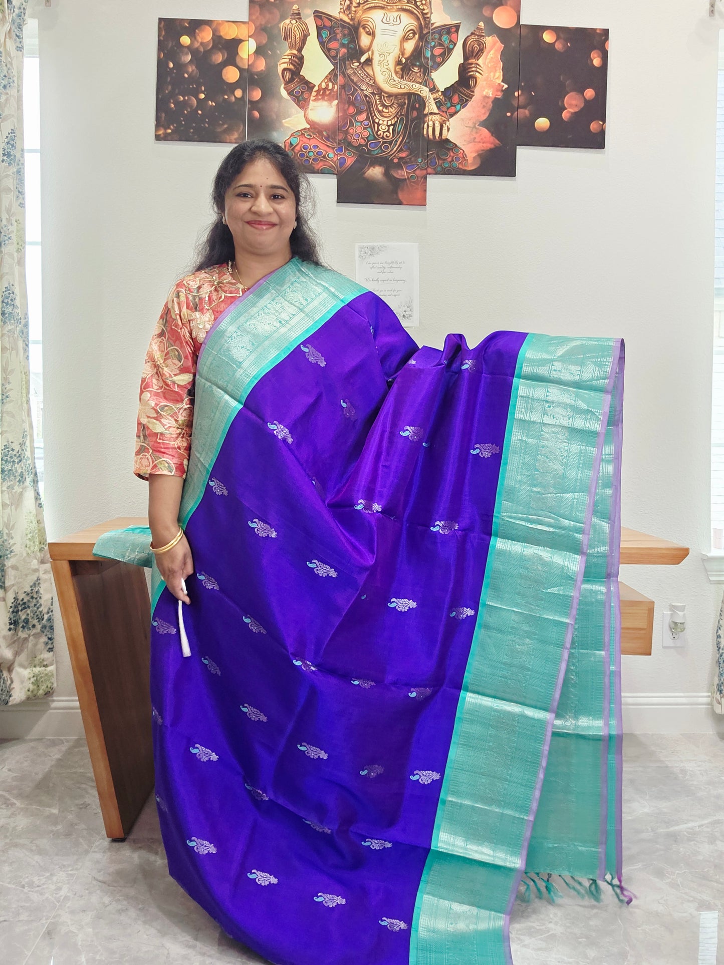 Pure Handloom Silk Saree in Royal Purple & Sea Green with Zari Butta & Maggam Blouse