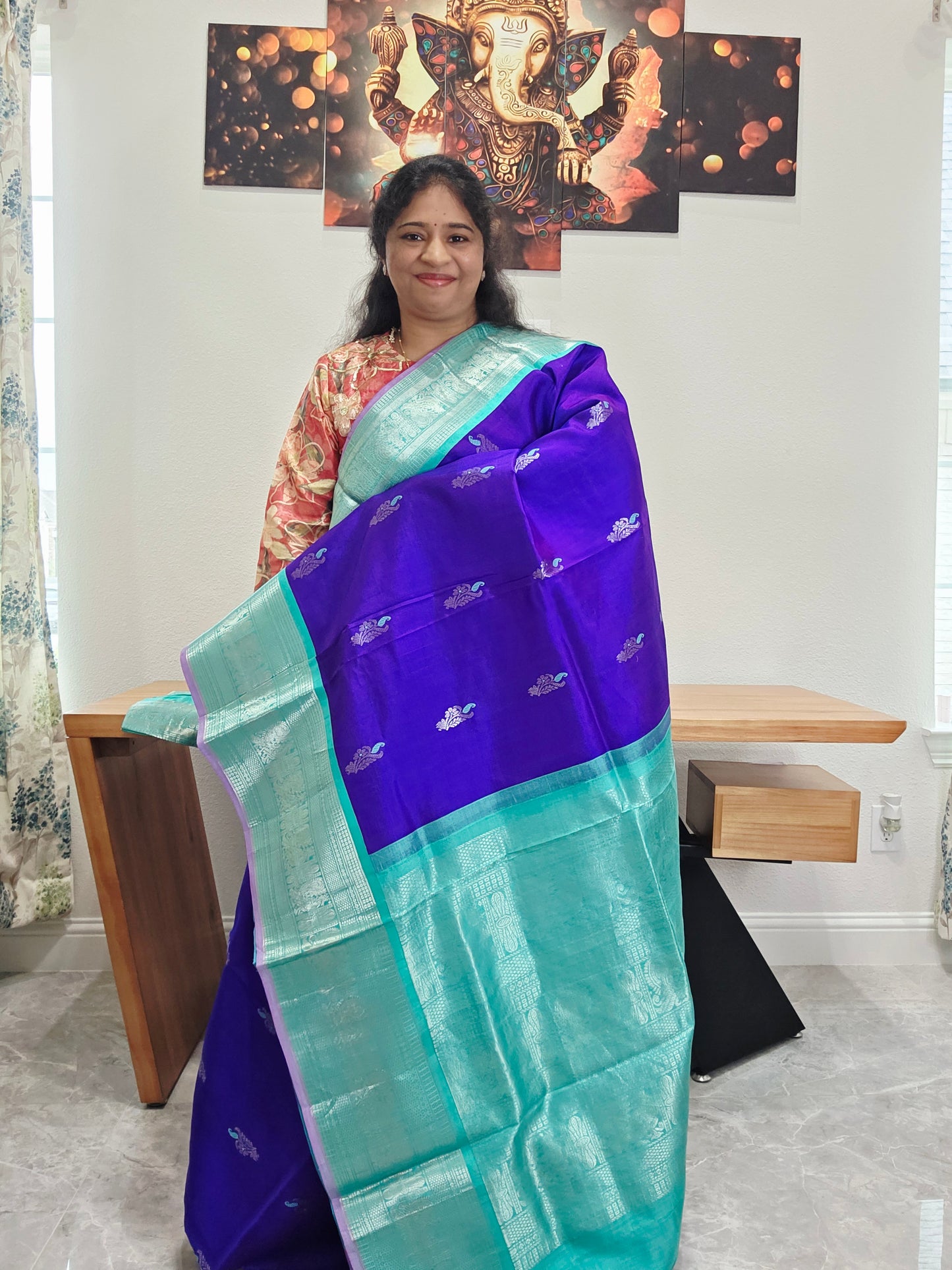 Pure Handloom Silk Saree in Royal Purple & Sea Green with Zari Butta & Maggam Blouse