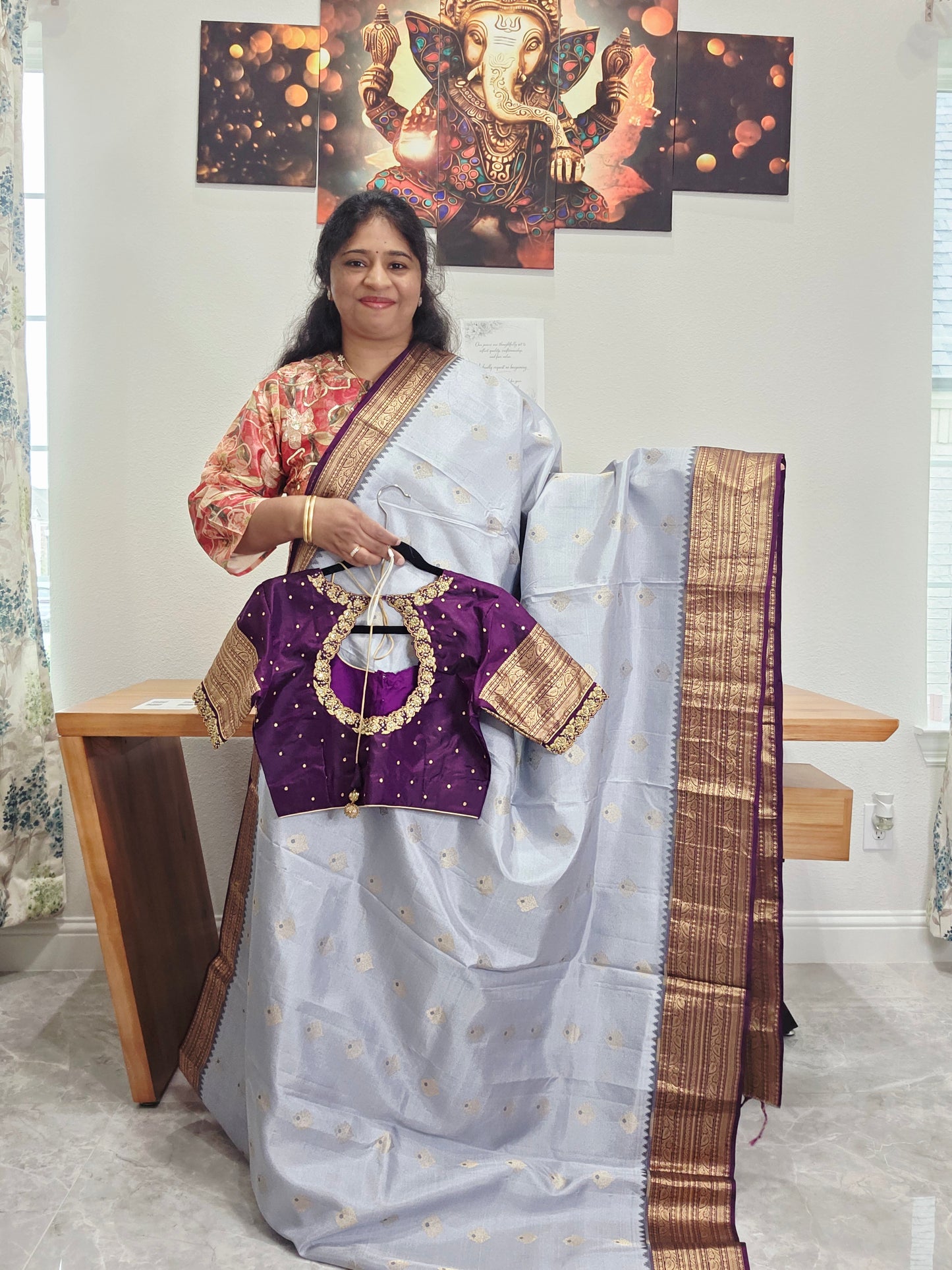 Pure Kanchi Soft Saree in Elegant Grey with Rich Zari Border & Handwork Maggam Stitched Blouse