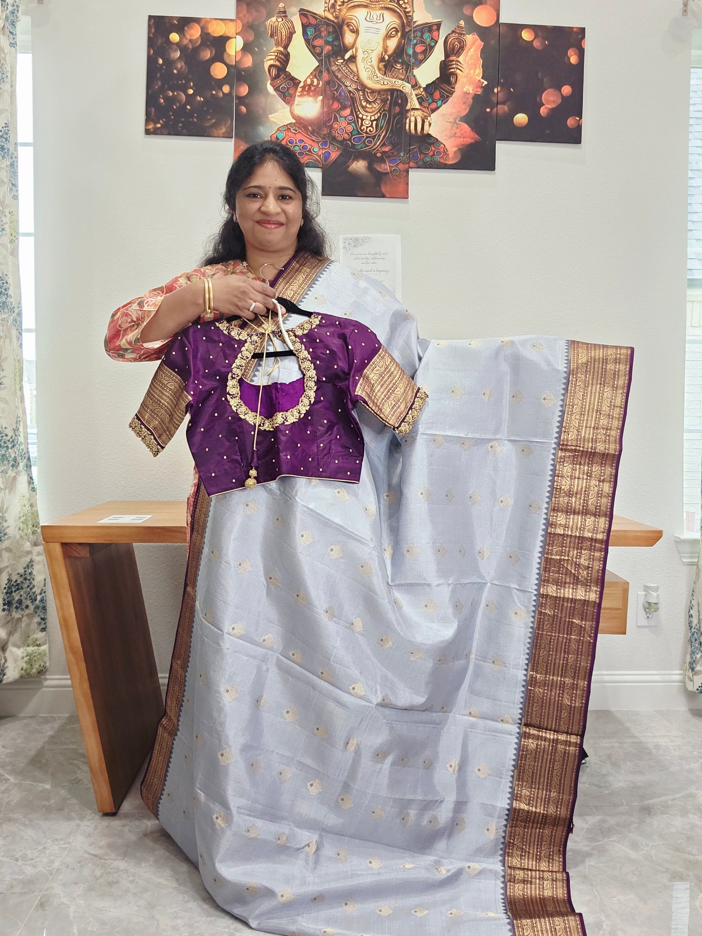Pure Kanchi Soft Saree in Elegant Grey with Rich Zari Border & Handwork Maggam Stitched Blouse