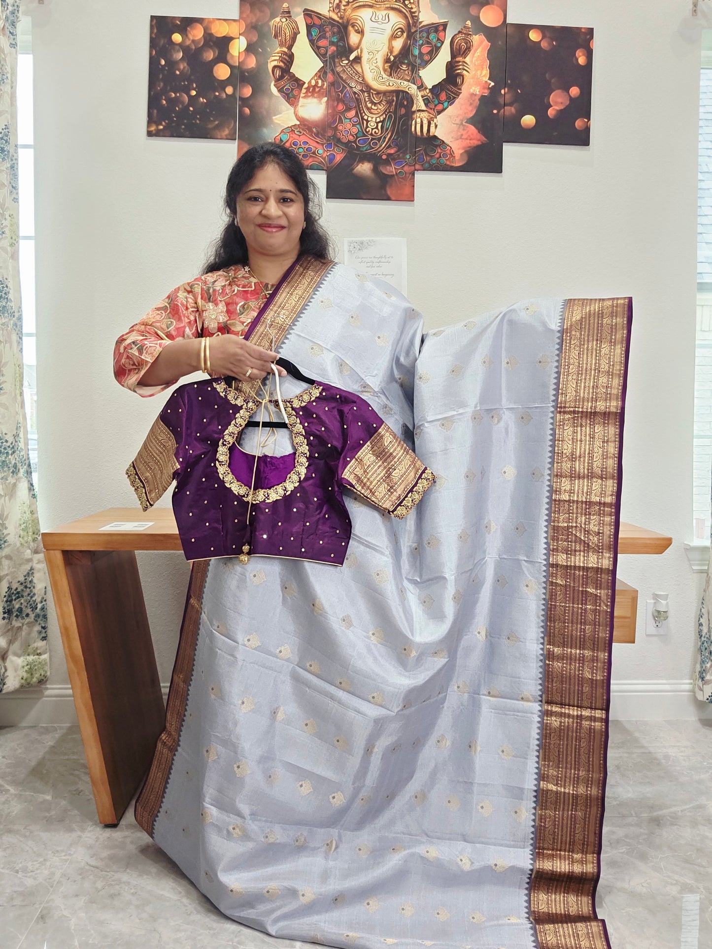 Pure Kanchi Soft Saree in Elegant Grey with Rich Zari Border & Handwork Maggam Stitched Blouse