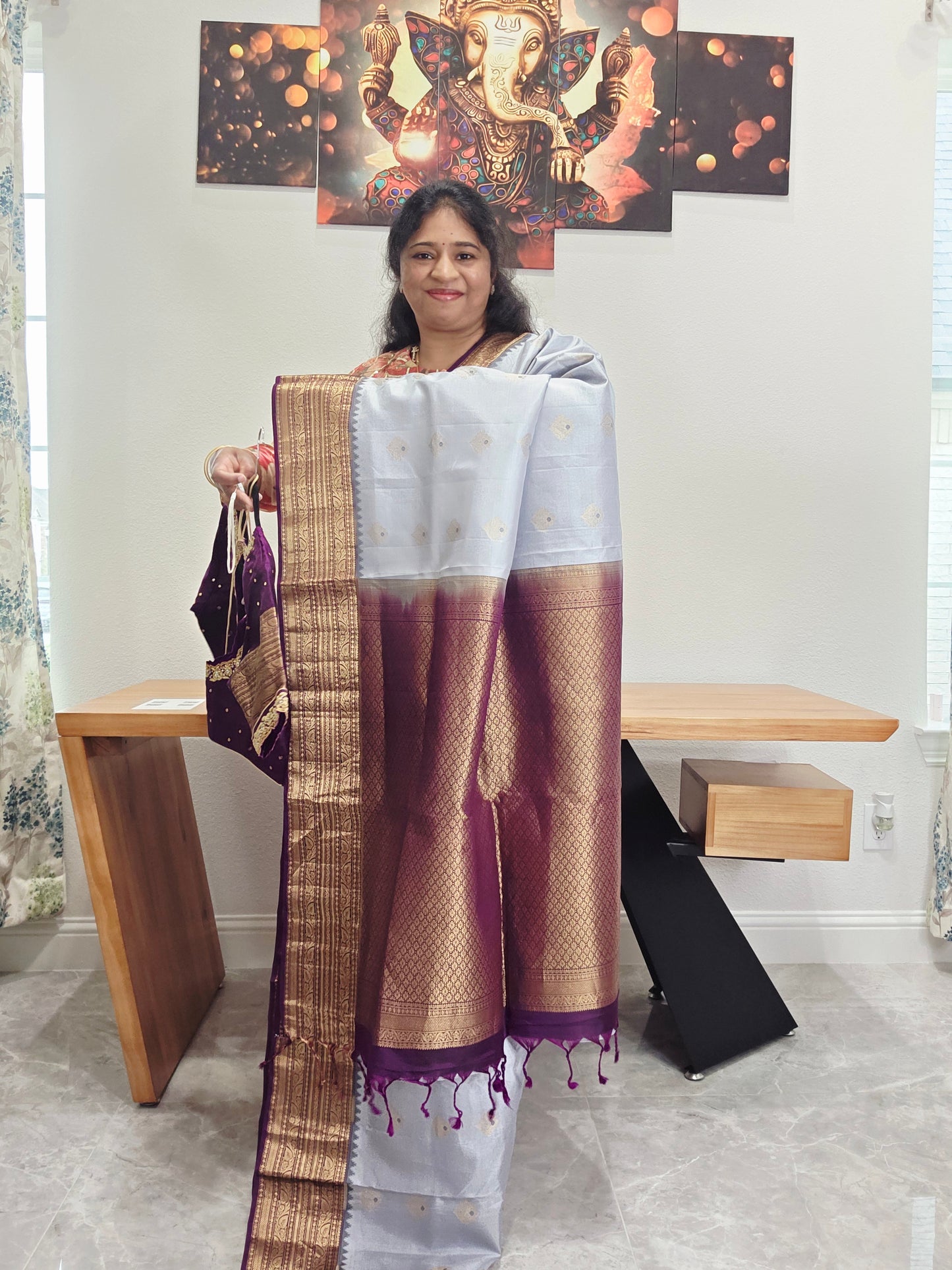 Pure Kanchi Soft Saree in Elegant Grey with Rich Zari Border & Handwork Maggam Stitched Blouse