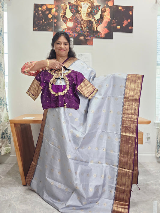 Pure Kanchi Soft Saree in Elegant Grey with Rich Zari Border & Handwork Maggam Stitched Blouse
