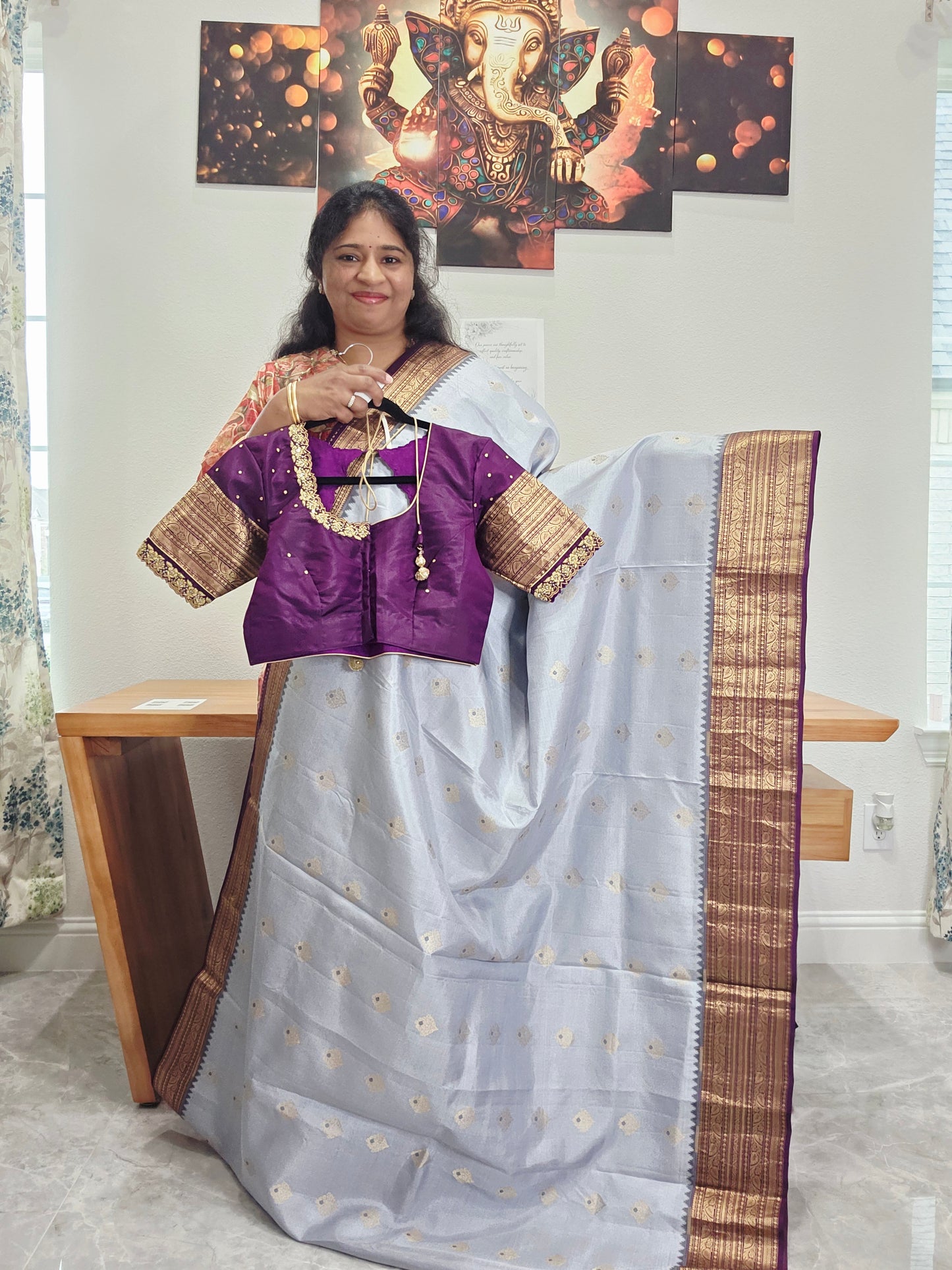 Pure Kanchi Soft Saree in Elegant Grey with Rich Zari Border & Handwork Maggam Stitched Blouse