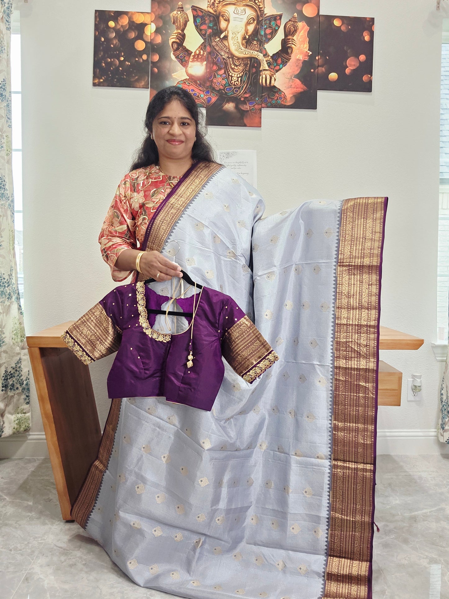 Pure Kanchi Soft Saree in Elegant Grey with Rich Zari Border & Handwork Maggam Stitched Blouse