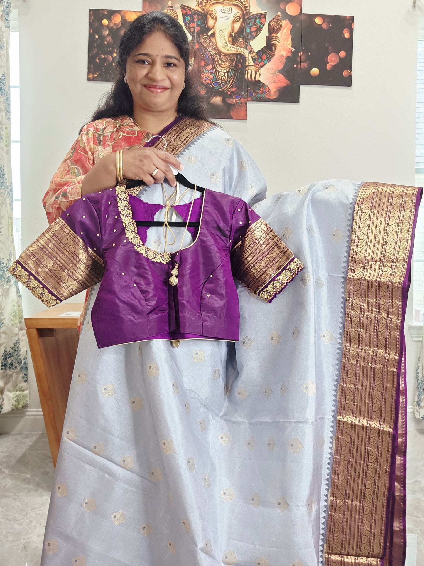 Pure Kanchi Soft Saree in Elegant Grey with Rich Zari Border & Handwork Maggam Stitched Blouse