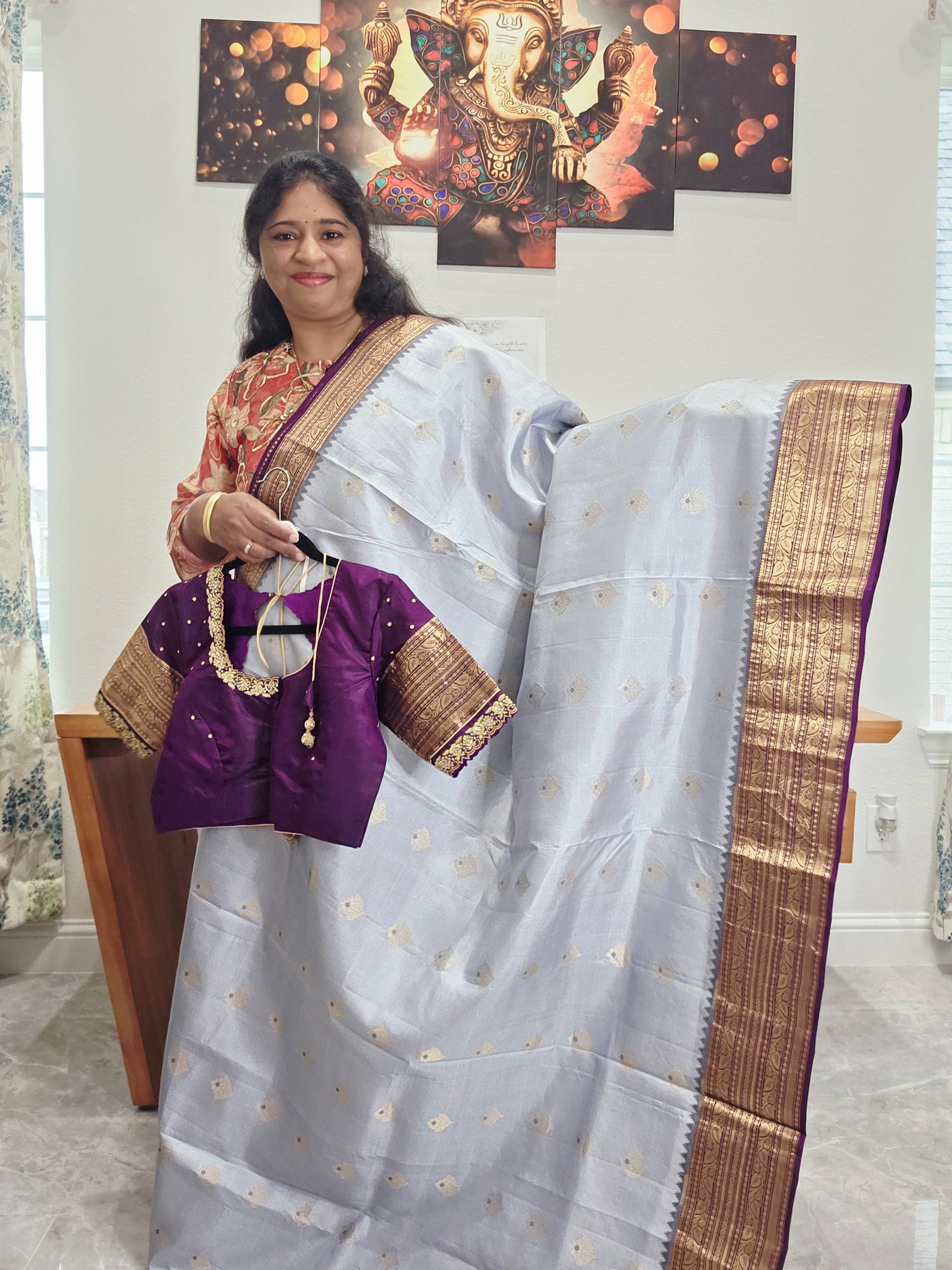 Pure Kanchi Soft Saree in Elegant Grey with Rich Zari Border & Handwork Maggam Stitched Blouse