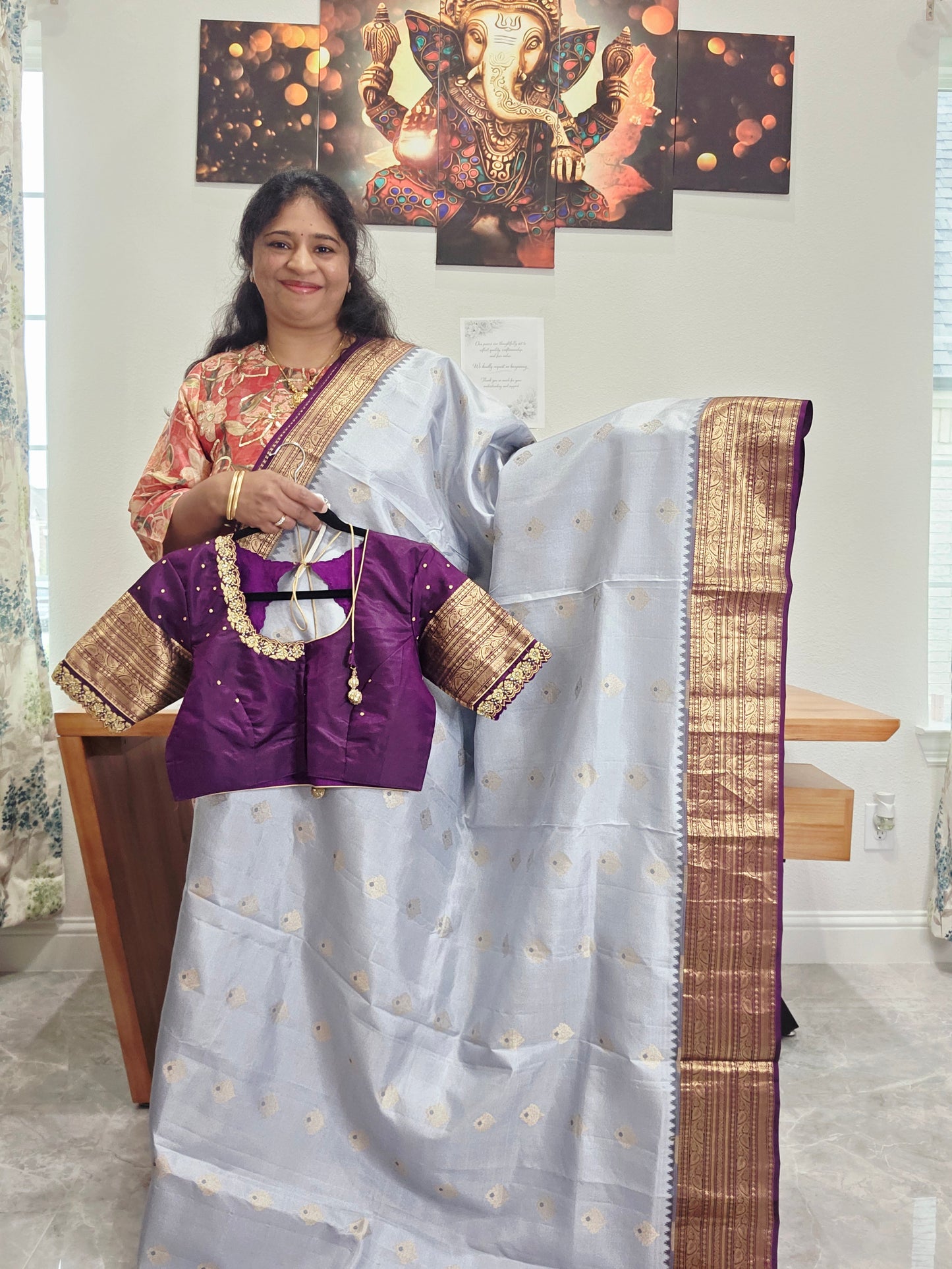 Pure Kanchi Soft Saree in Elegant Grey with Rich Zari Border & Handwork Maggam Stitched Blouse