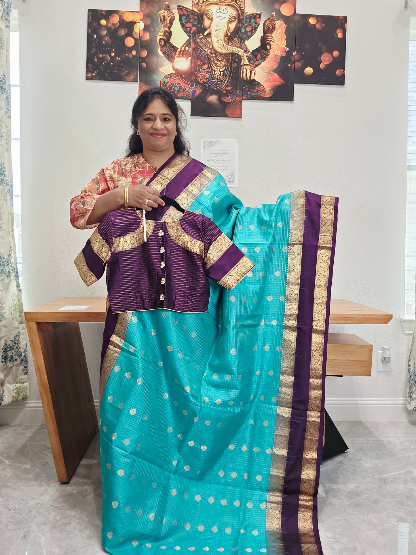 Pure Handloom Kanchi Soft Silk Gap Border Saree - Blouse | Teal Blue & Purple
