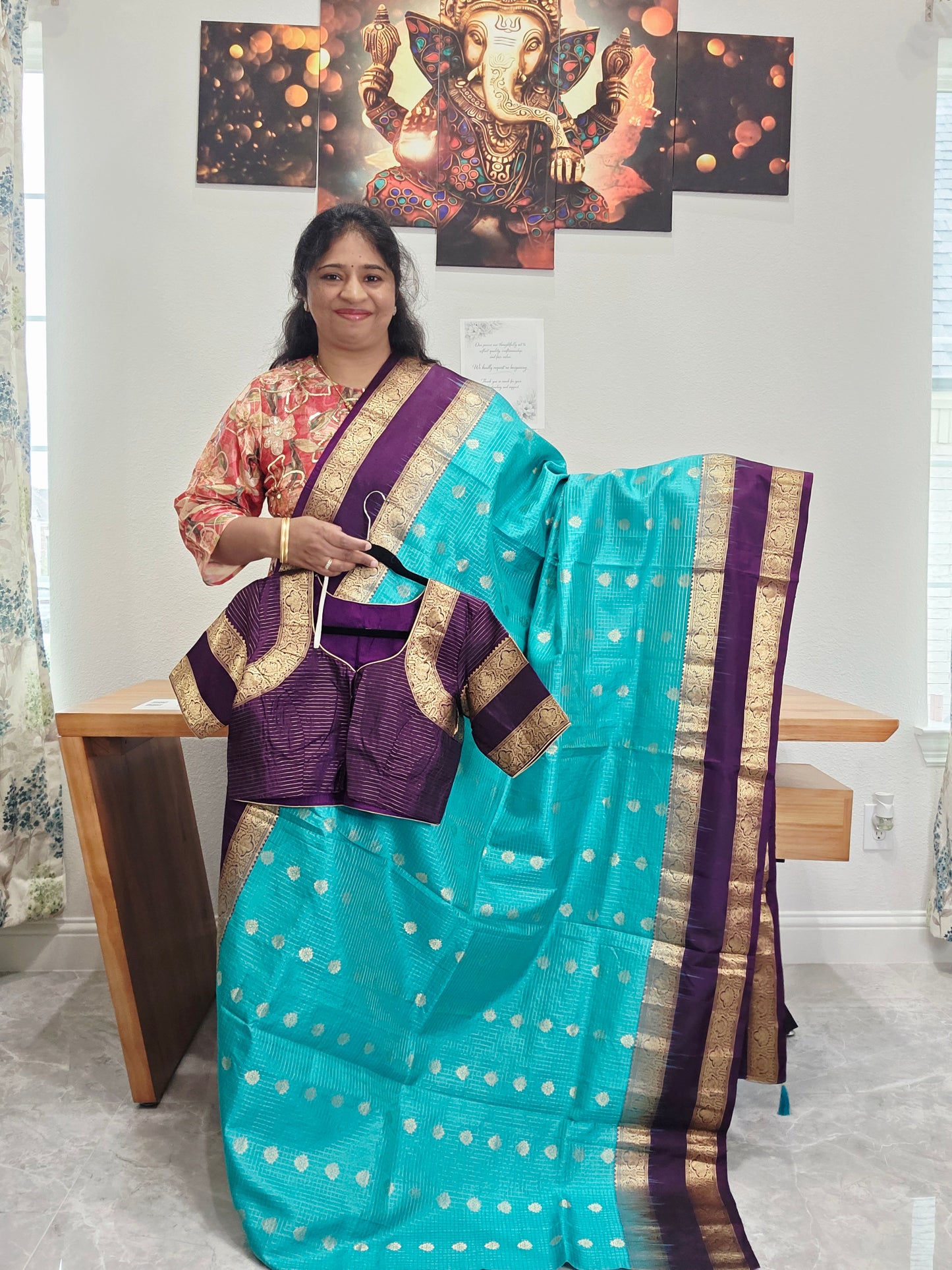 Pure Handloom Kanchi Soft Silk Gap Border Saree - Blouse | Teal Blue & Purple