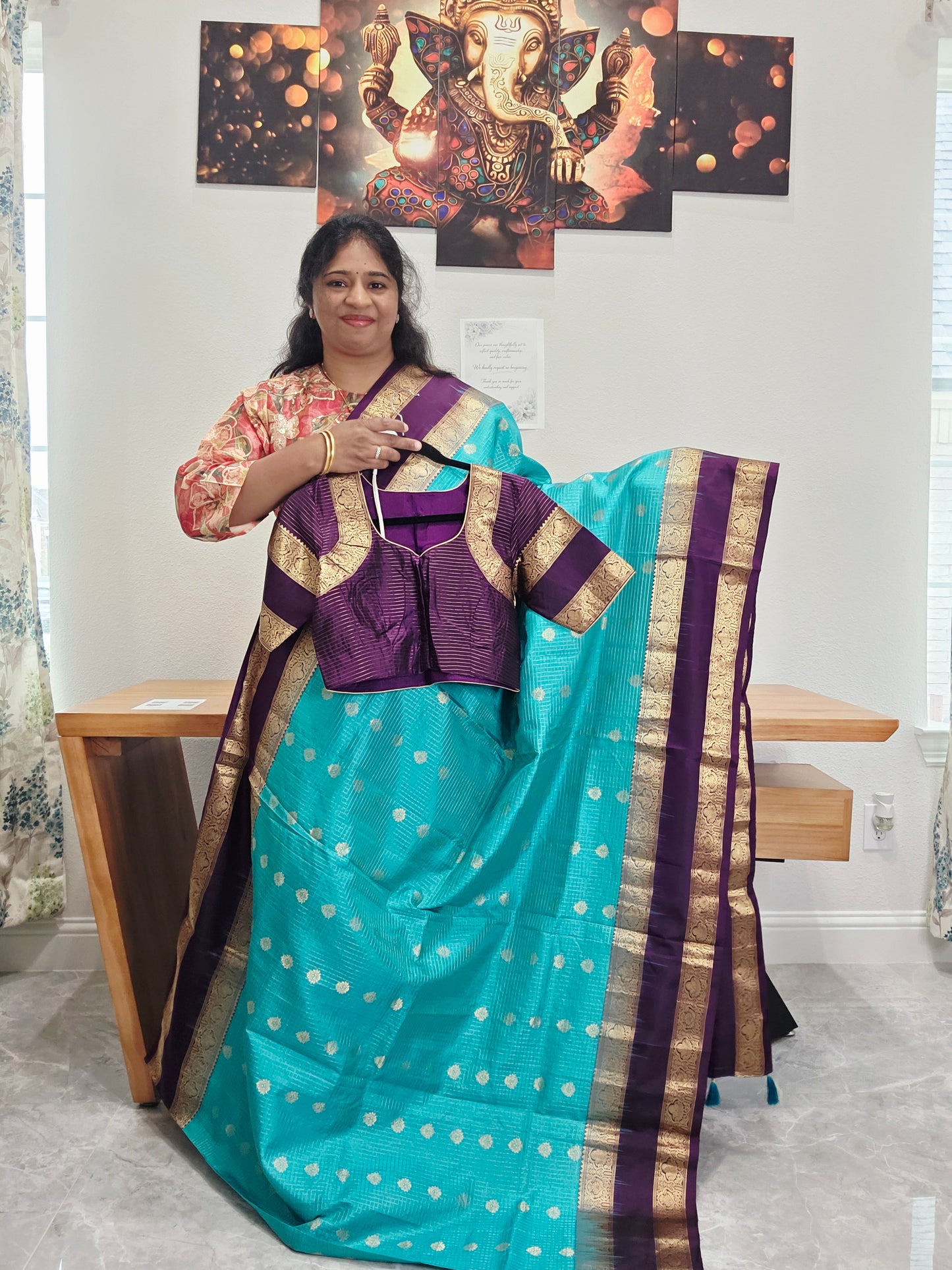 Pure Handloom Kanchi Soft Silk Gap Border Saree - Blouse | Teal Blue & Purple