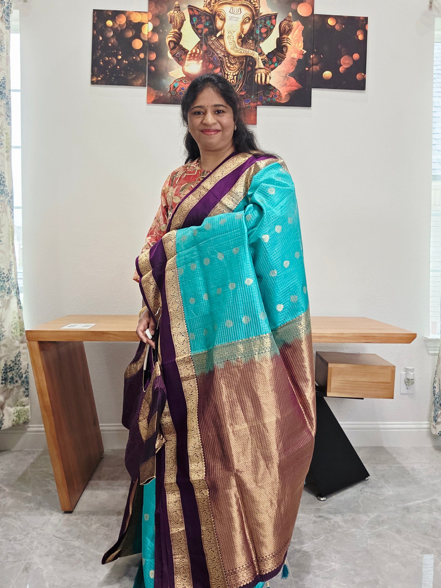 Pure Handloom Kanchi Soft Silk Gap Border Saree - Blouse | Teal Blue & Purple