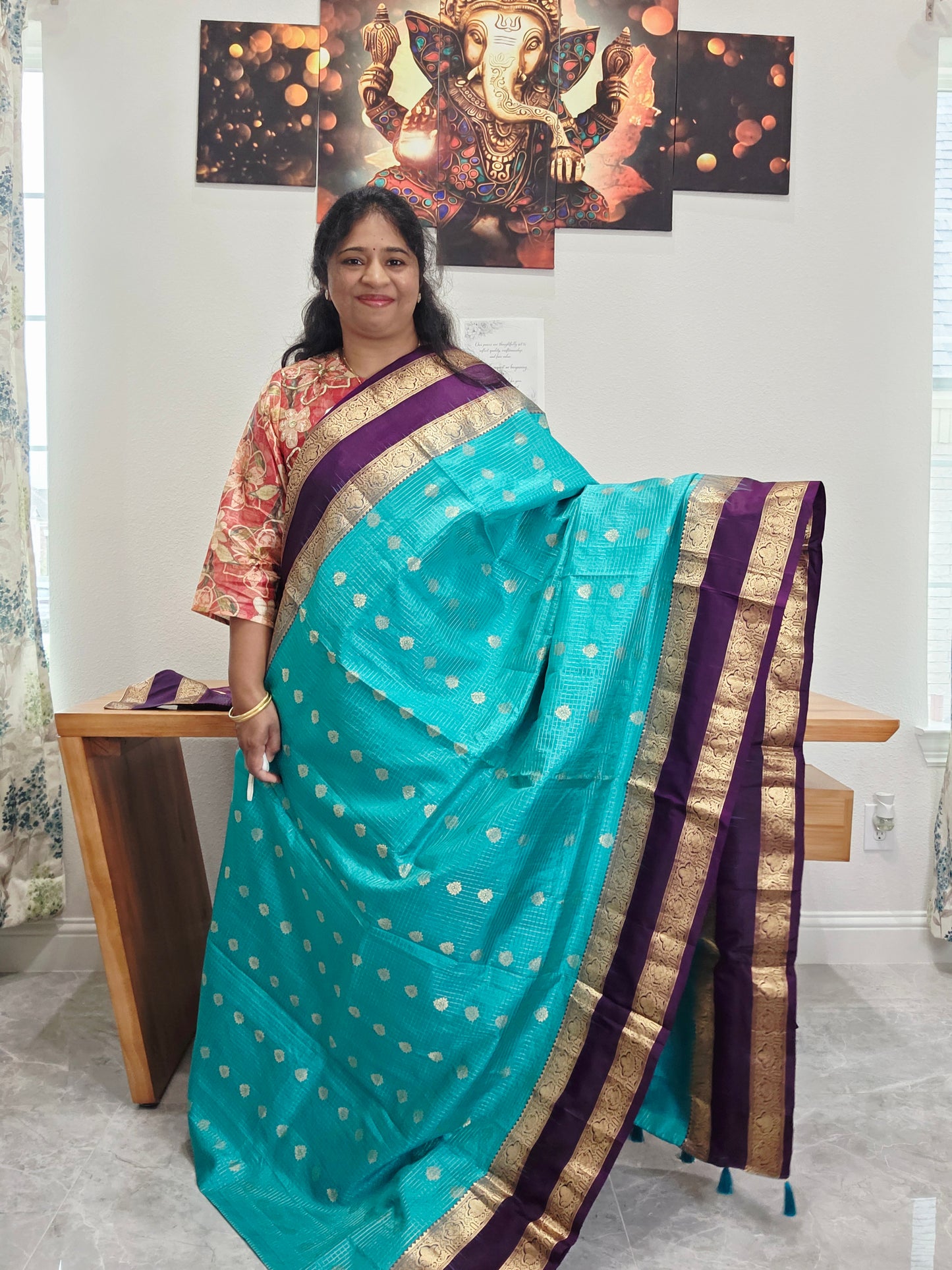 Pure Handloom Kanchi Soft Silk Gap Border Saree - Blouse | Teal Blue & Purple