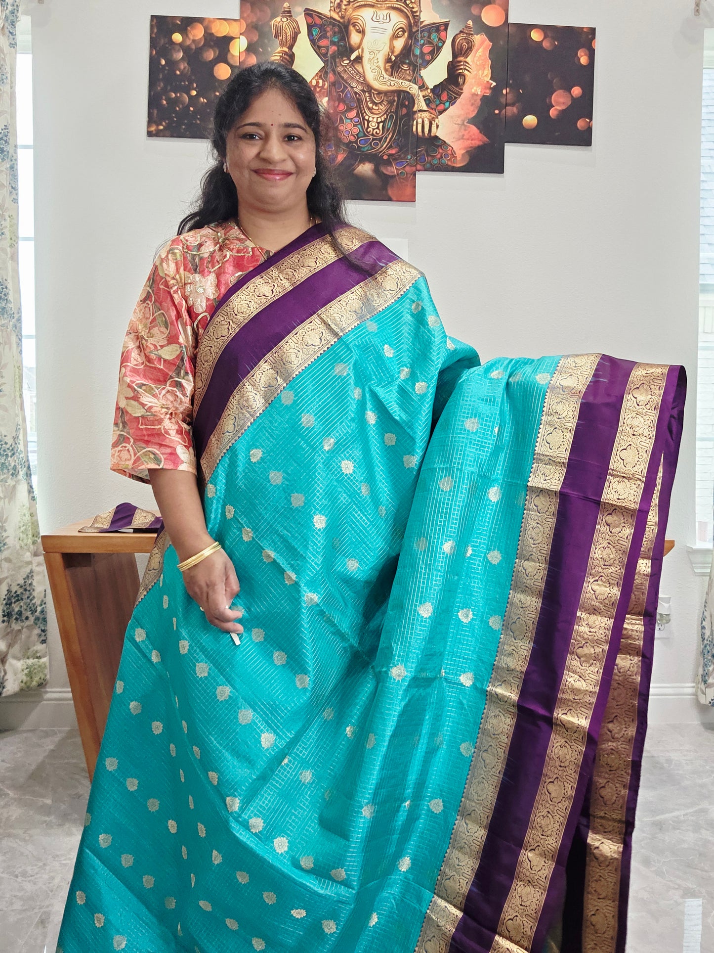 Pure Handloom Kanchi Soft Silk Gap Border Saree - Blouse | Teal Blue & Purple