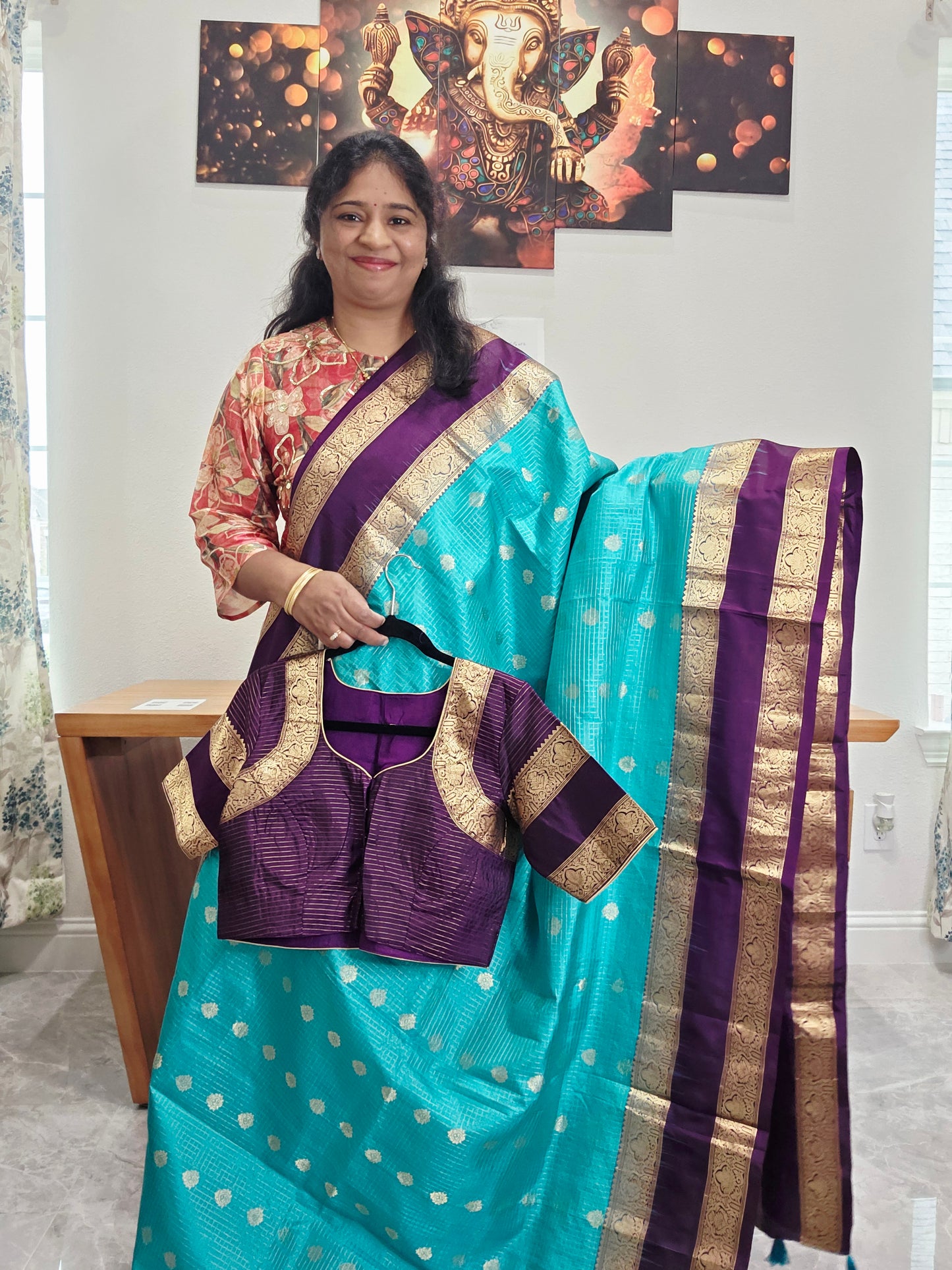 Pure Handloom Kanchi Soft Silk Gap Border Saree - Blouse | Teal Blue & Purple
