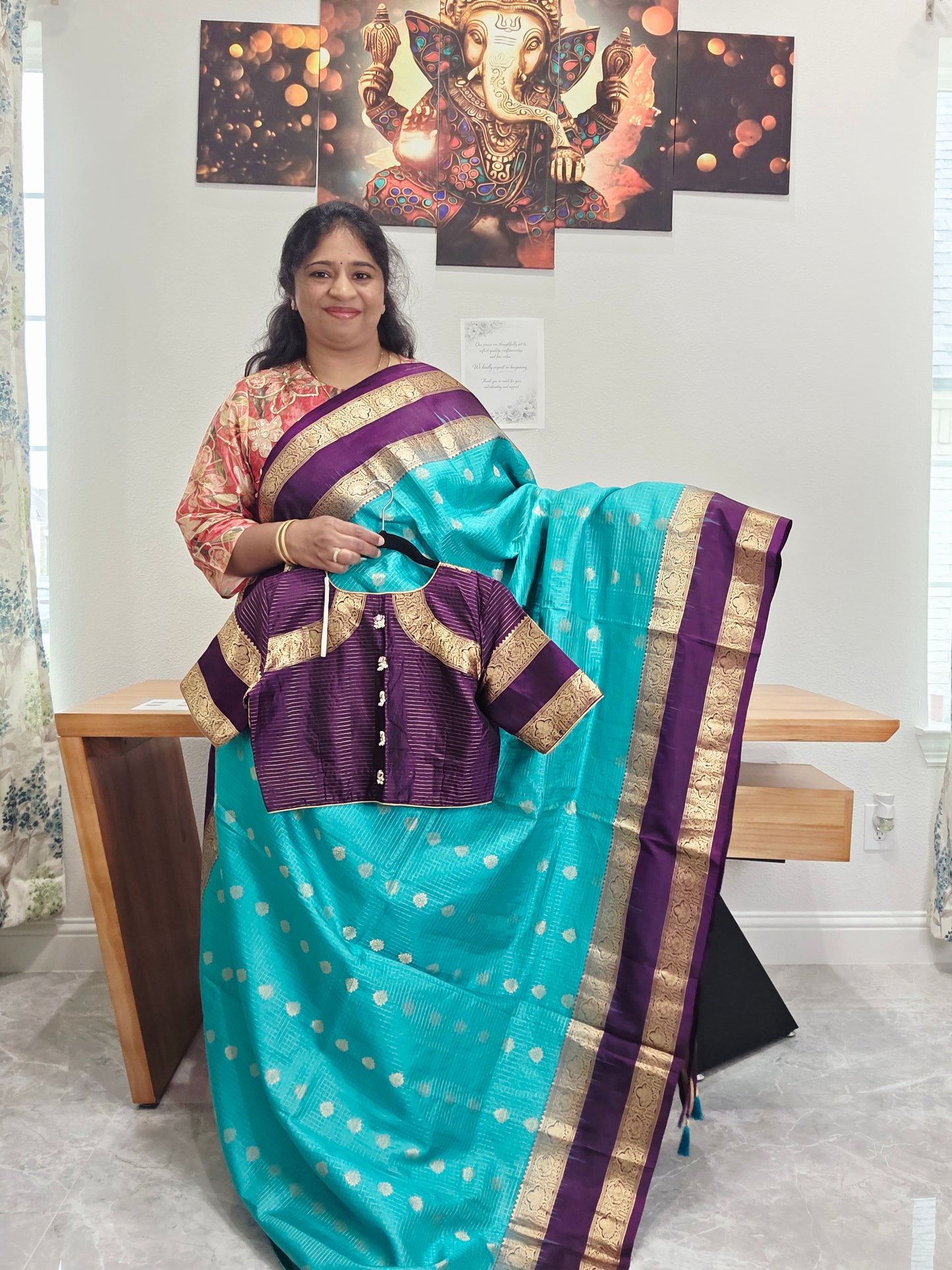 Pure Handloom Kanchi Soft Silk Gap Border Saree - Blouse | Teal Blue & Purple