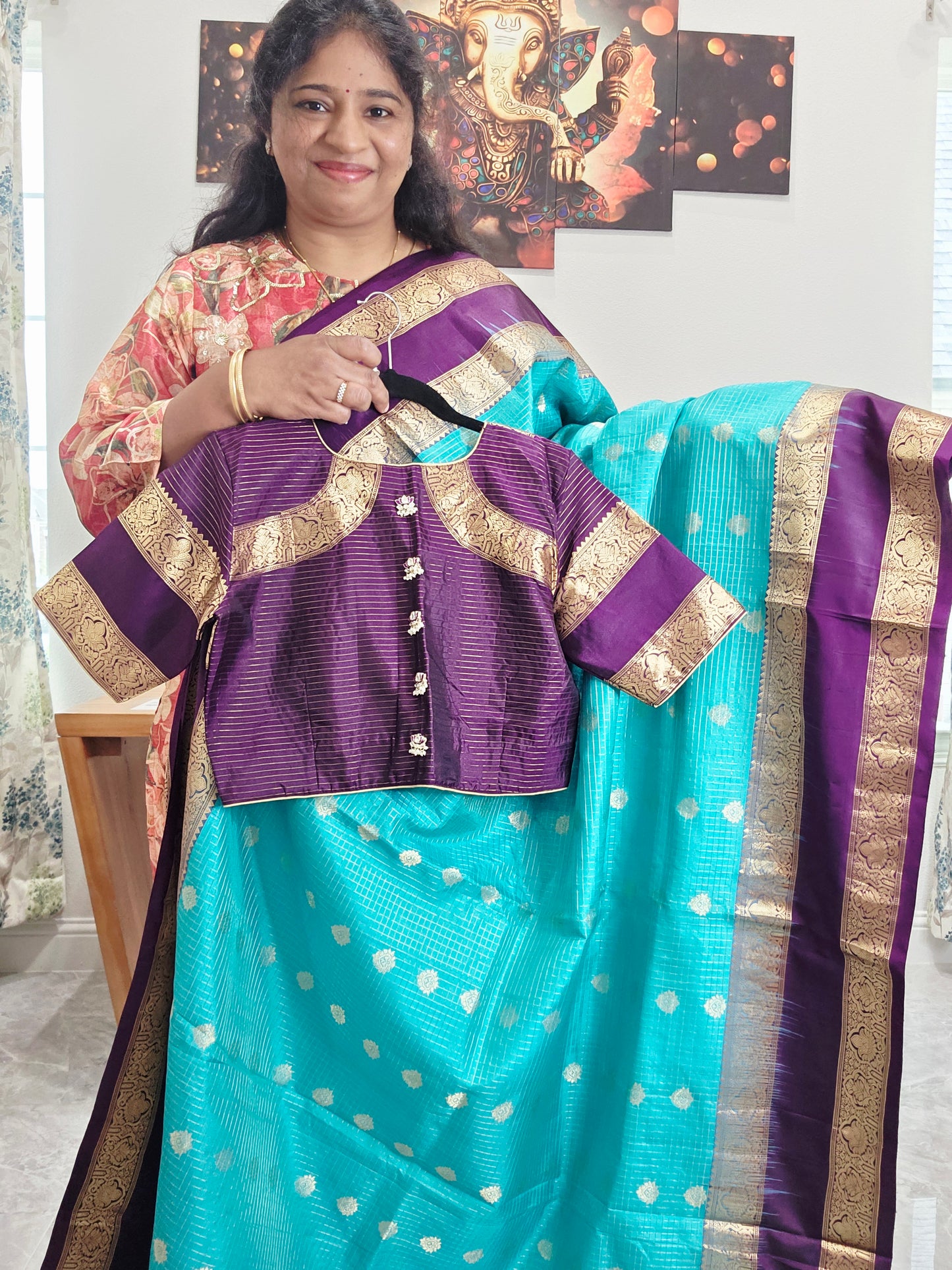Pure Handloom Kanchi Soft Silk Gap Border Saree - Blouse | Teal Blue & Purple