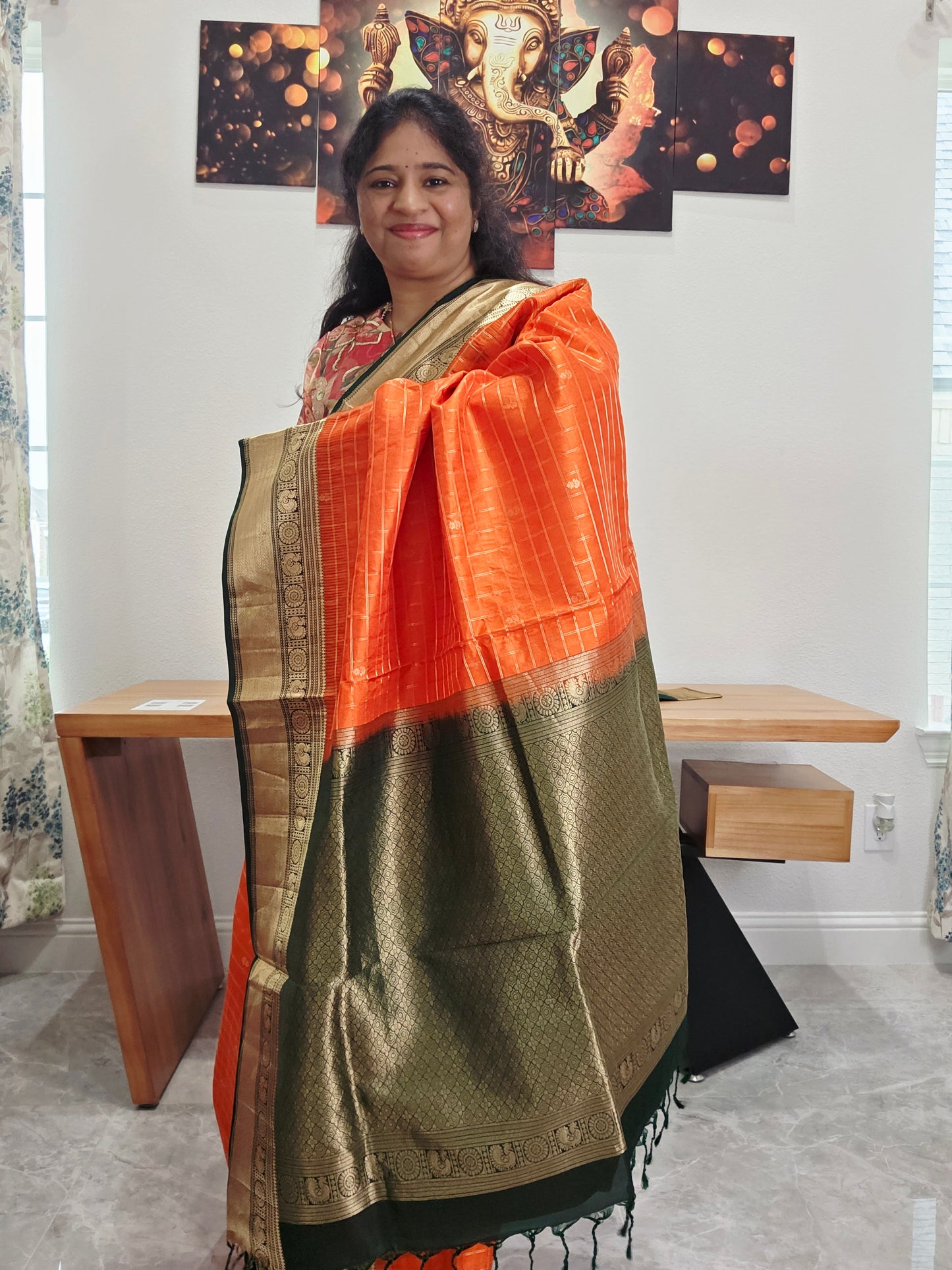 Pure Kanchi Soft Silk Saree in Orange and Bottle Green | Stitched Blouse