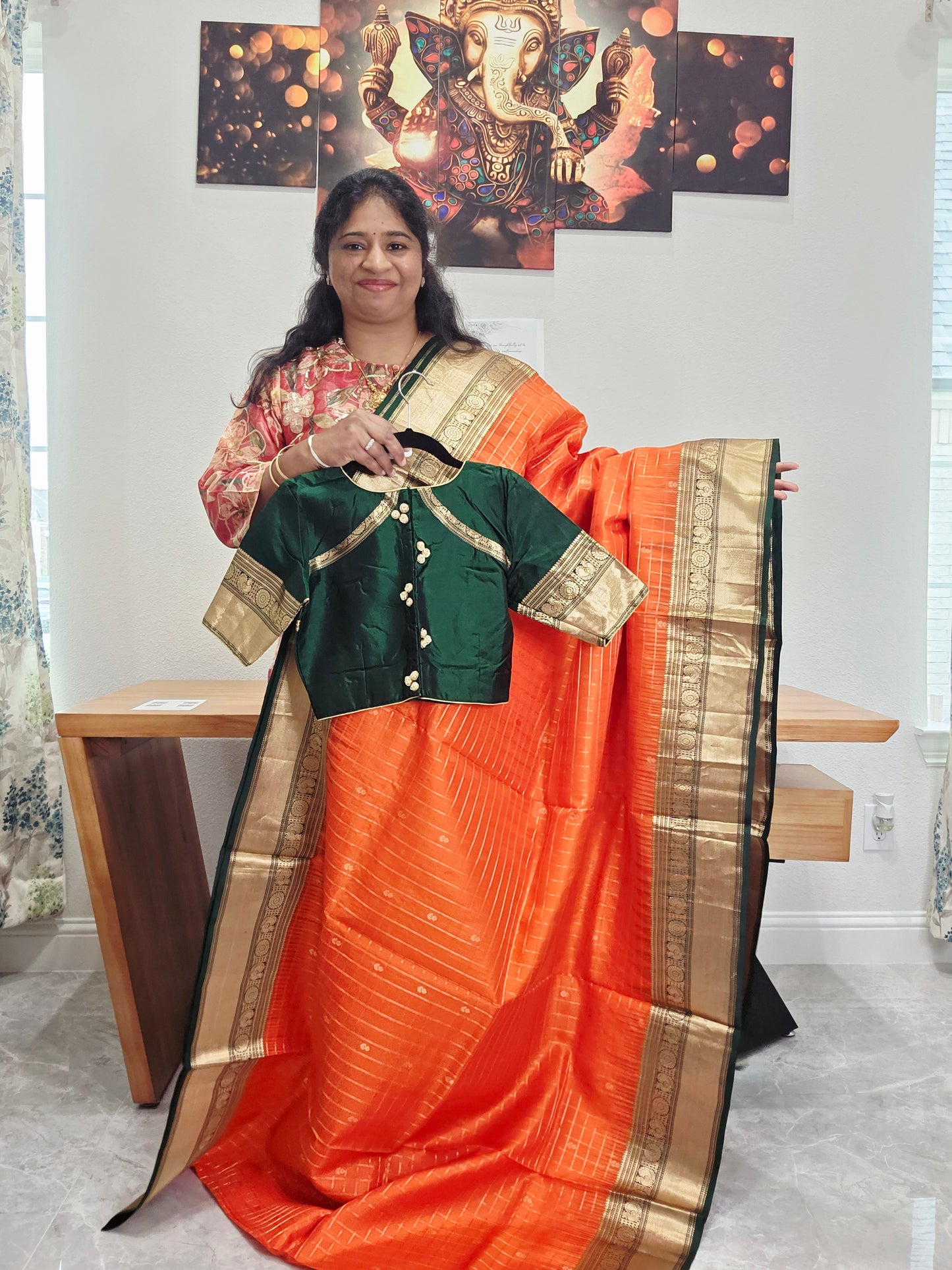 Pure Kanchi Soft Silk Saree in Orange and Bottle Green | Stitched Blouse