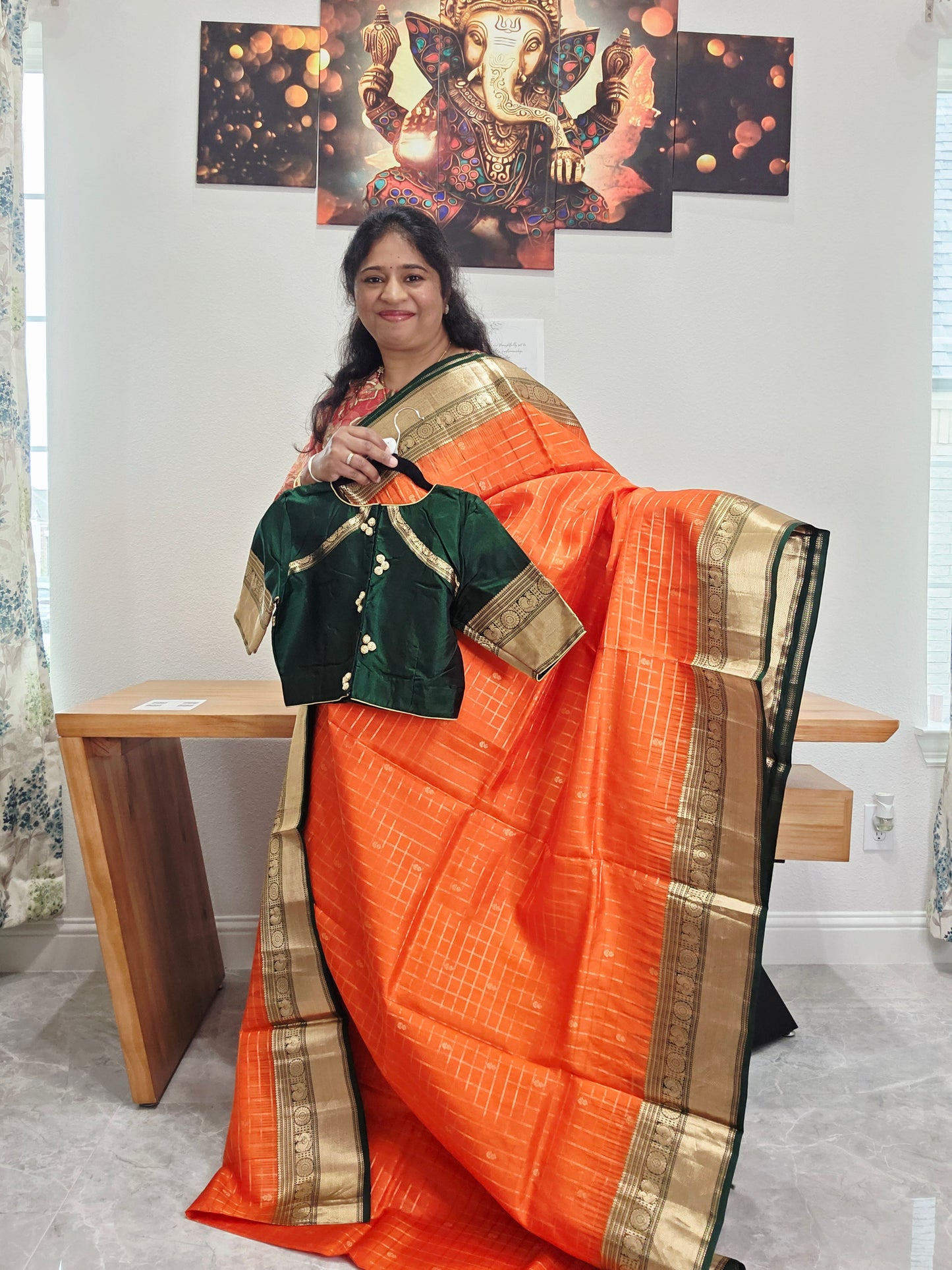 Pure Kanchi Soft Silk Saree in Orange and Bottle Green | Stitched Blouse