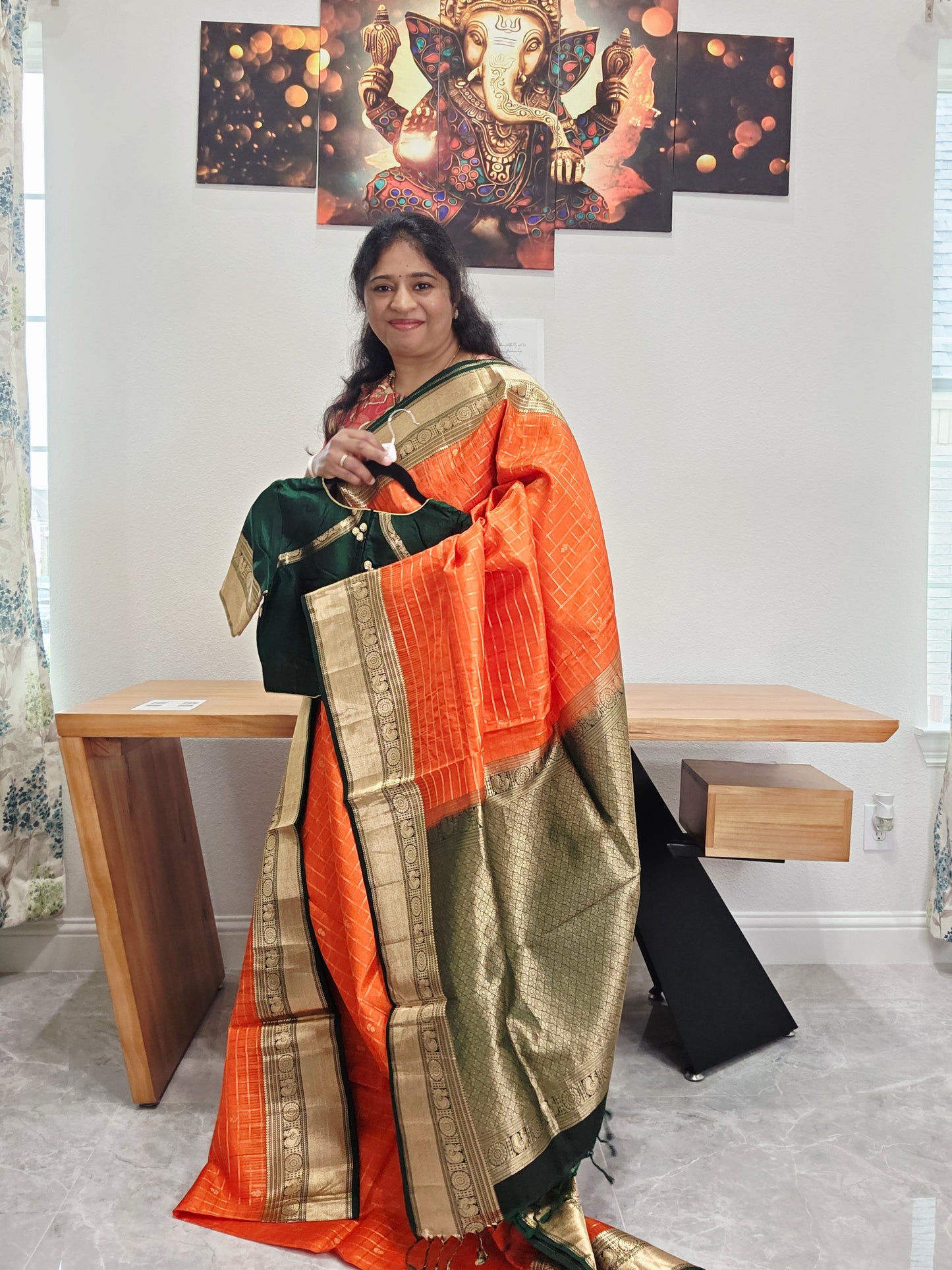 Pure Kanchi Soft Silk Saree in Orange and Bottle Green | Stitched Blouse