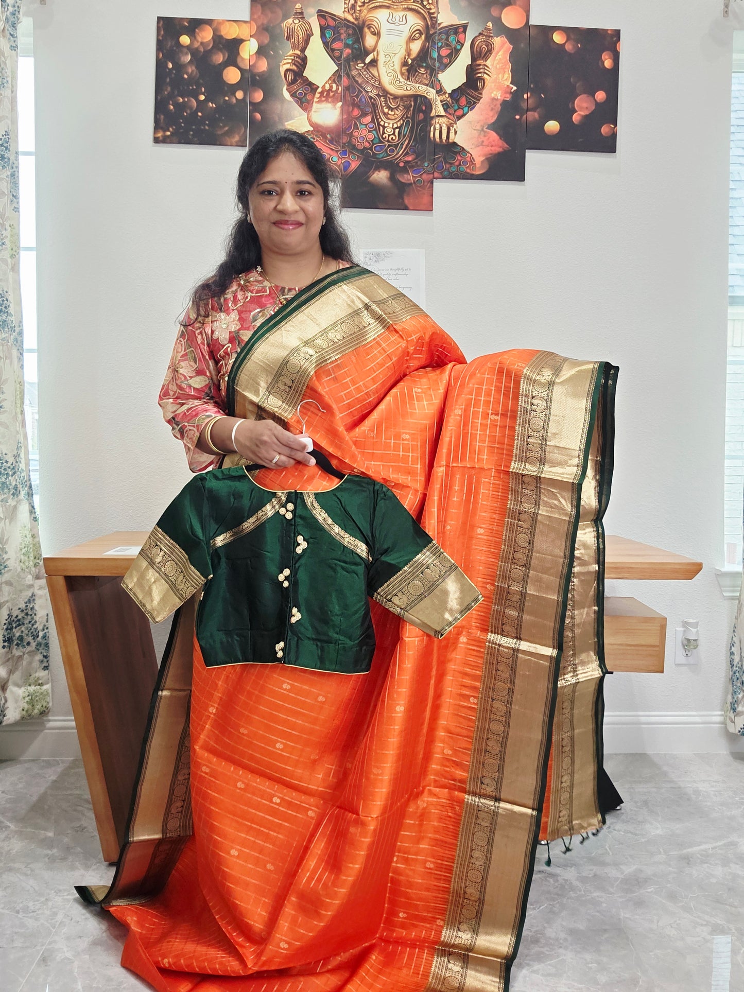Pure Kanchi Soft Silk Saree in Orange and Bottle Green | Stitched Blouse