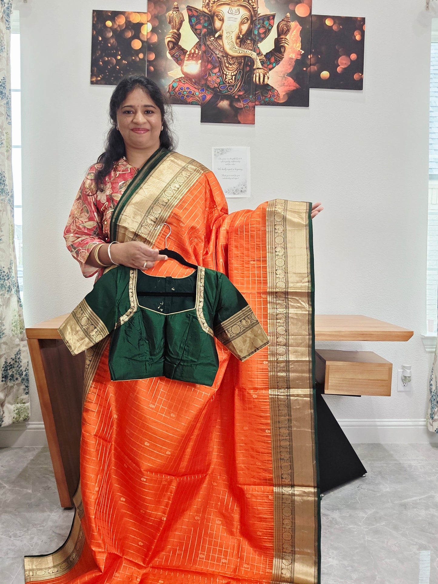 Pure Kanchi Soft Silk Saree in Orange and Bottle Green | Stitched Blouse