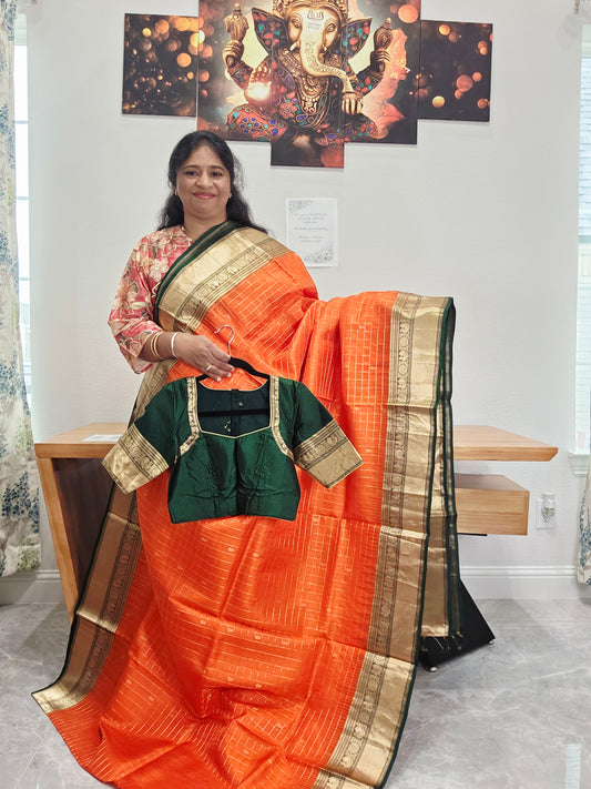 Pure Kanchi Soft Silk Saree in Orange and Bottle Green | Stitched Blouse