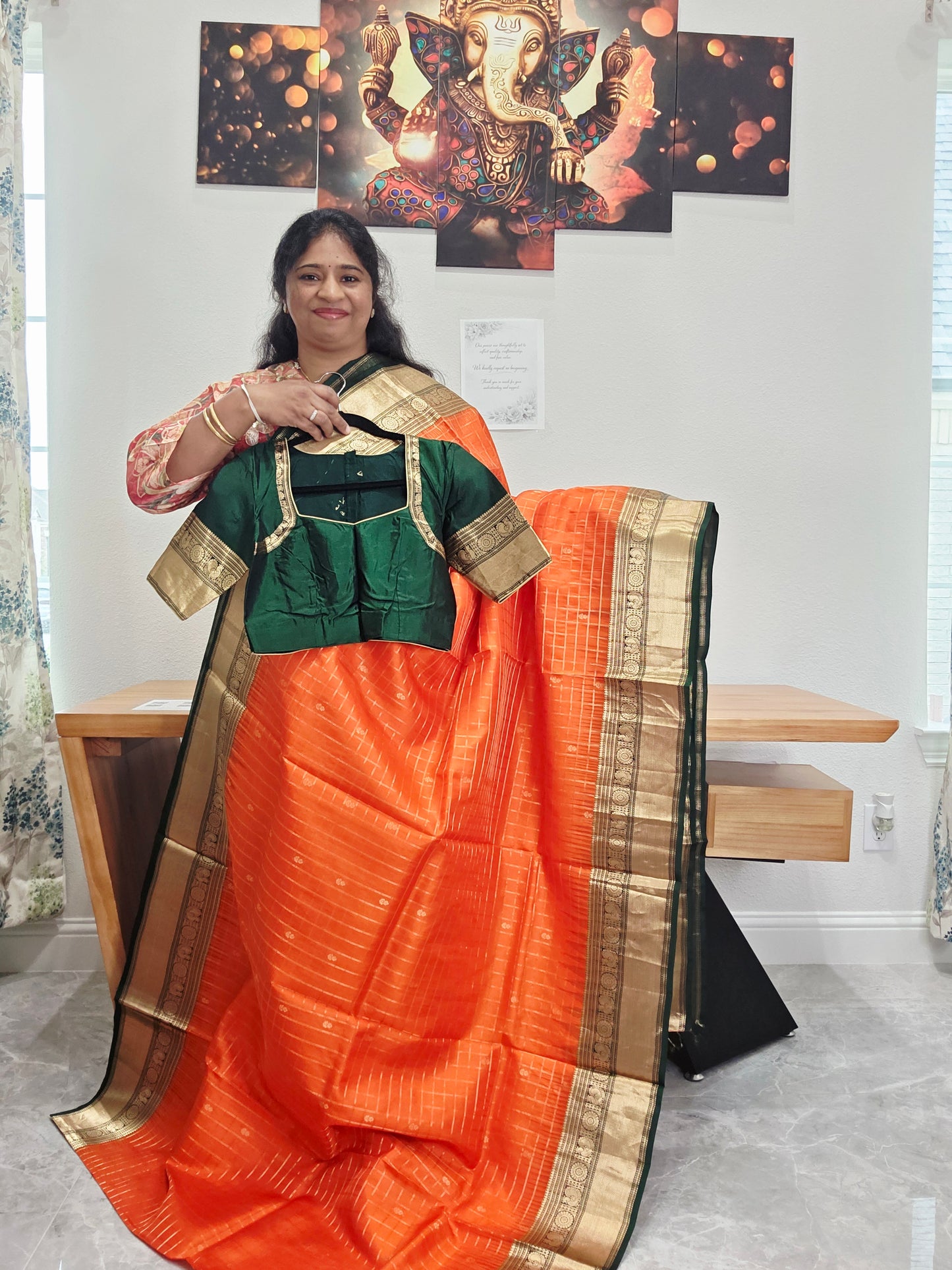 Pure Kanchi Soft Silk Saree in Orange and Bottle Green | Stitched Blouse