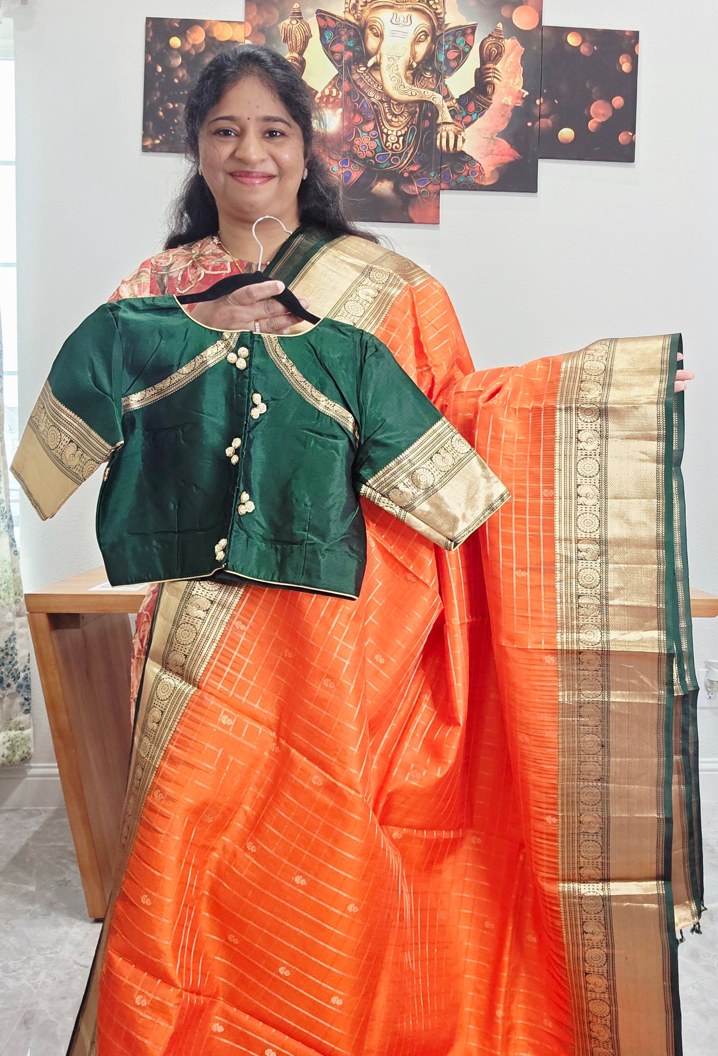 Pure Kanchi Soft Silk Saree in Orange and Bottle Green | Stitched Blouse