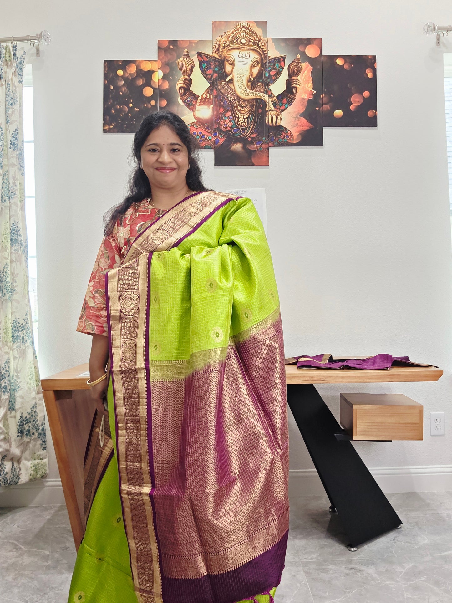 Pure Kanchi Soft Silk Parrot Green Saree with Purple Zari Border & Stitched Blouse