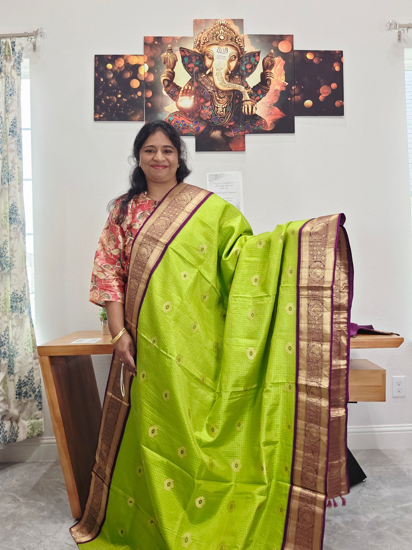 Pure Kanchi Soft Silk Parrot Green Saree with Purple Zari Border & Stitched Blouse