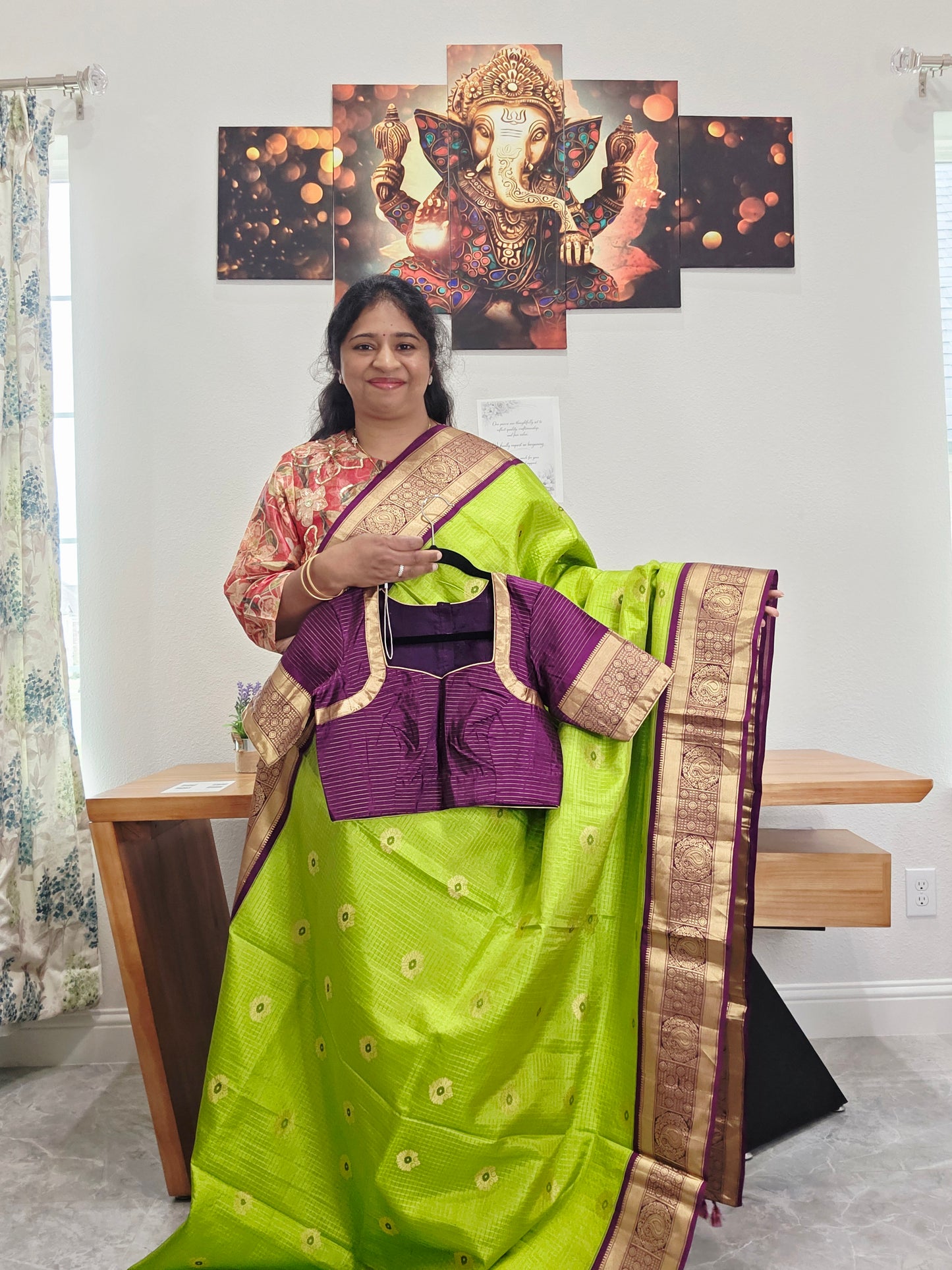 Pure Kanchi Soft Silk Parrot Green Saree with Purple Zari Border & Stitched Blouse