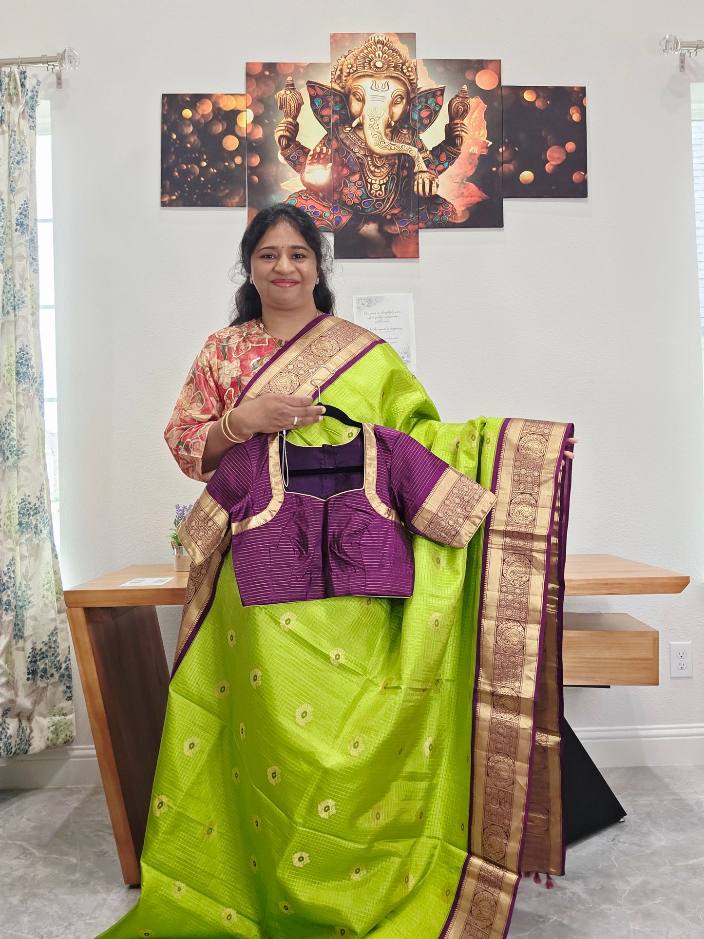 Pure Kanchi Soft Silk Parrot Green Saree with Purple Zari Border & Stitched Blouse