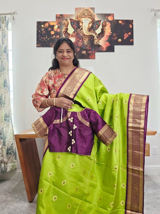 Pure Kanchi Soft Silk Parrot Green Saree with Purple Zari Border & Stitched Blouse