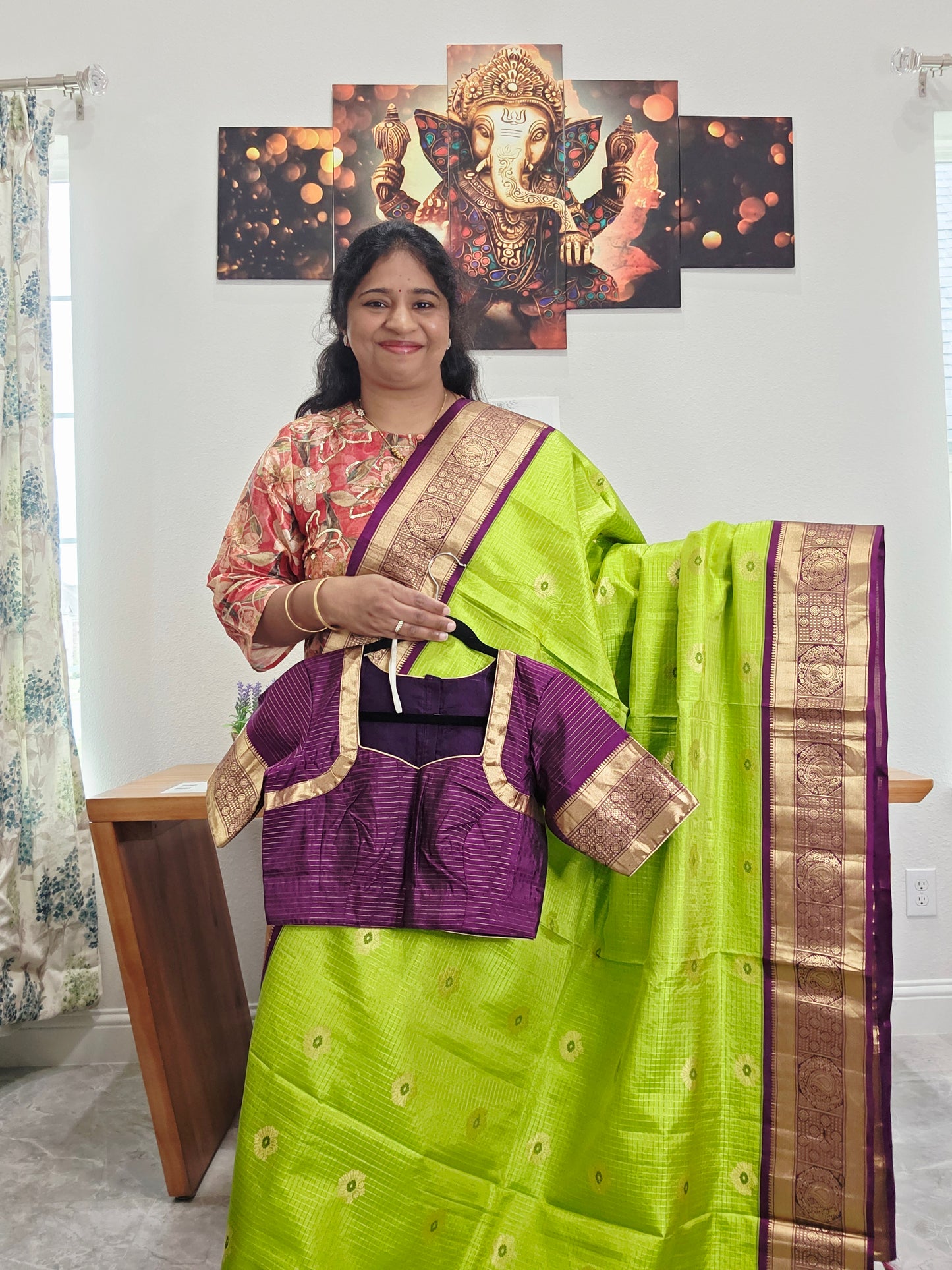 Pure Kanchi Soft Silk Parrot Green Saree with Purple Zari Border & Stitched Blouse