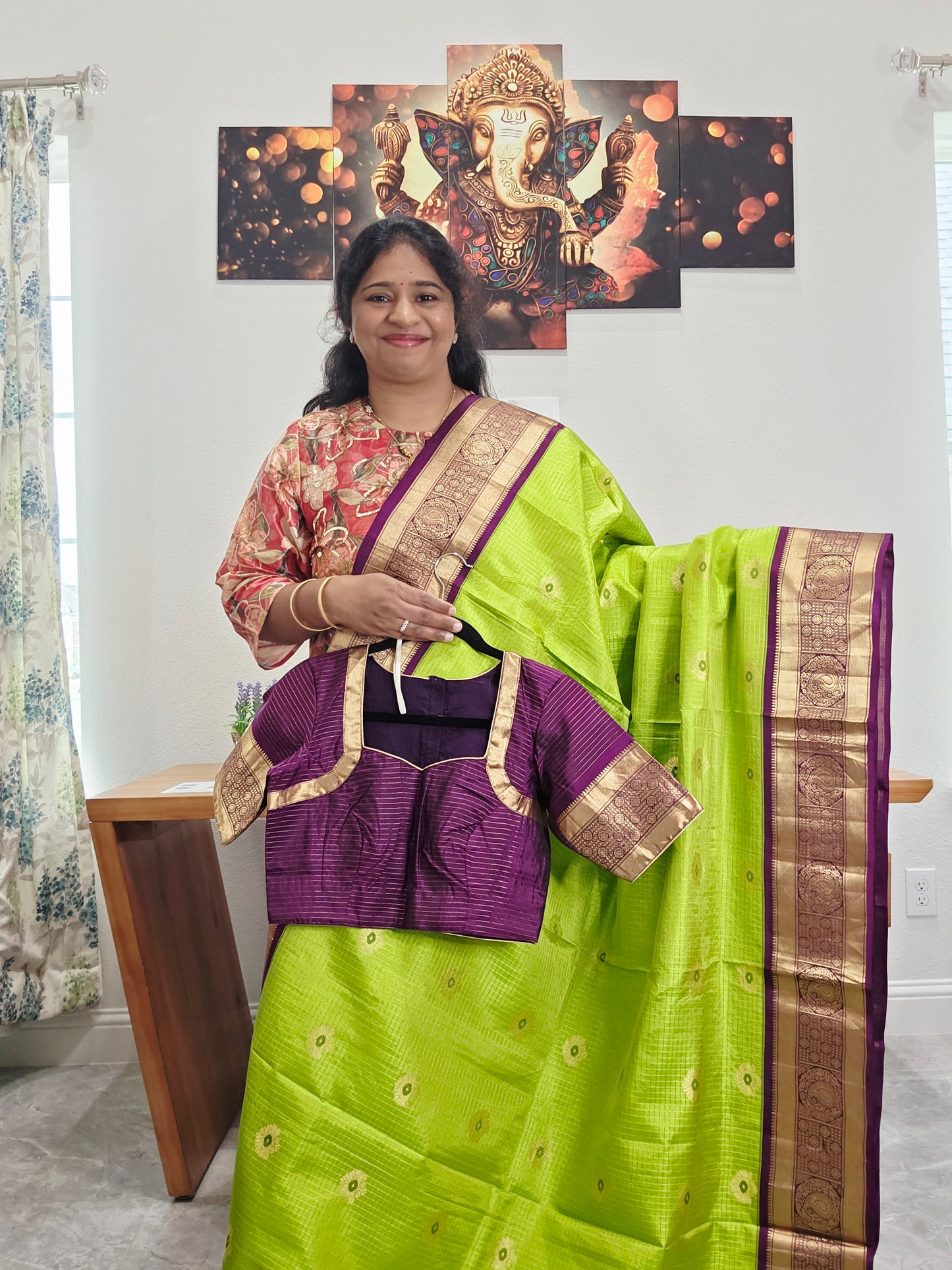 Pure Kanchi Soft Silk Parrot Green Saree with Purple Zari Border & Stitched Blouse
