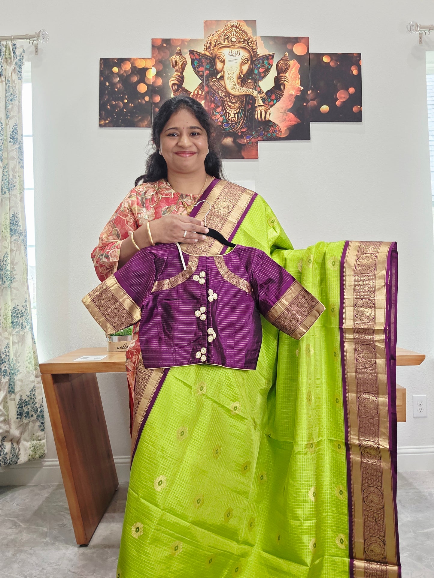 Pure Kanchi Soft Silk Parrot Green Saree with Purple Zari Border & Stitched Blouse