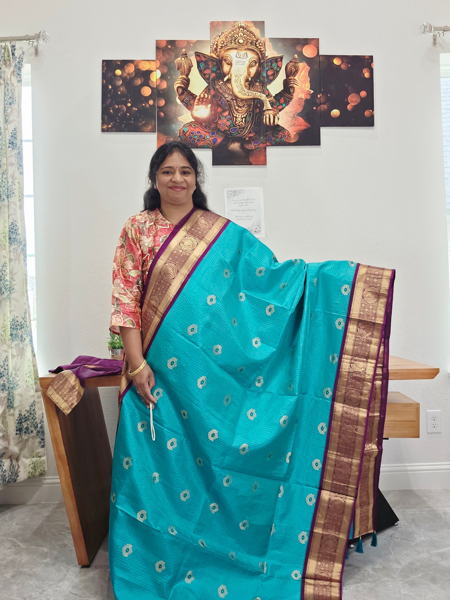 Pure Kanchi Soft Silk Turquoise Blue Saree with Purple Zari Border & Stitched Blouse