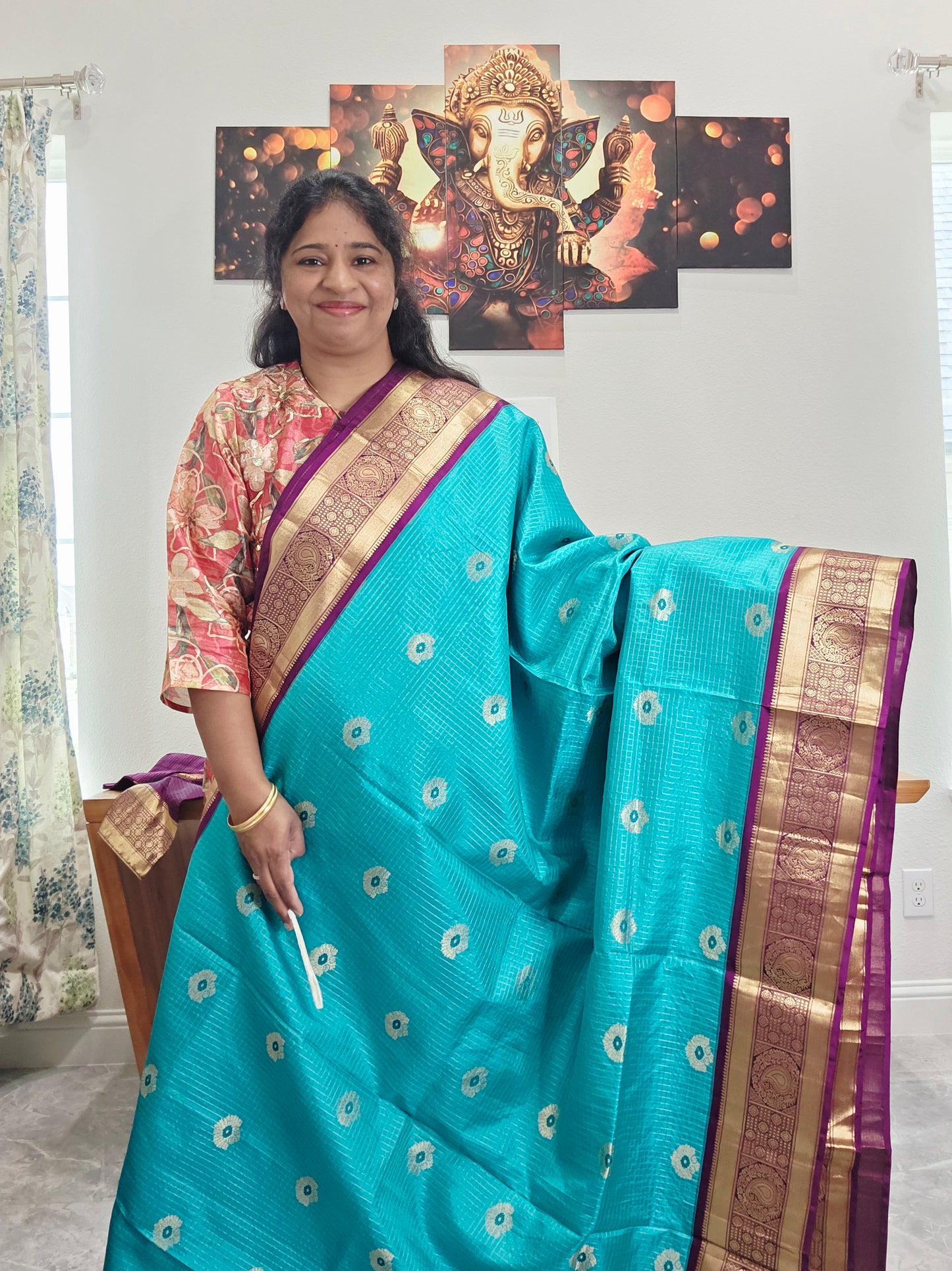 Pure Kanchi Soft Silk Turquoise Blue Saree with Purple Zari Border & Stitched Blouse