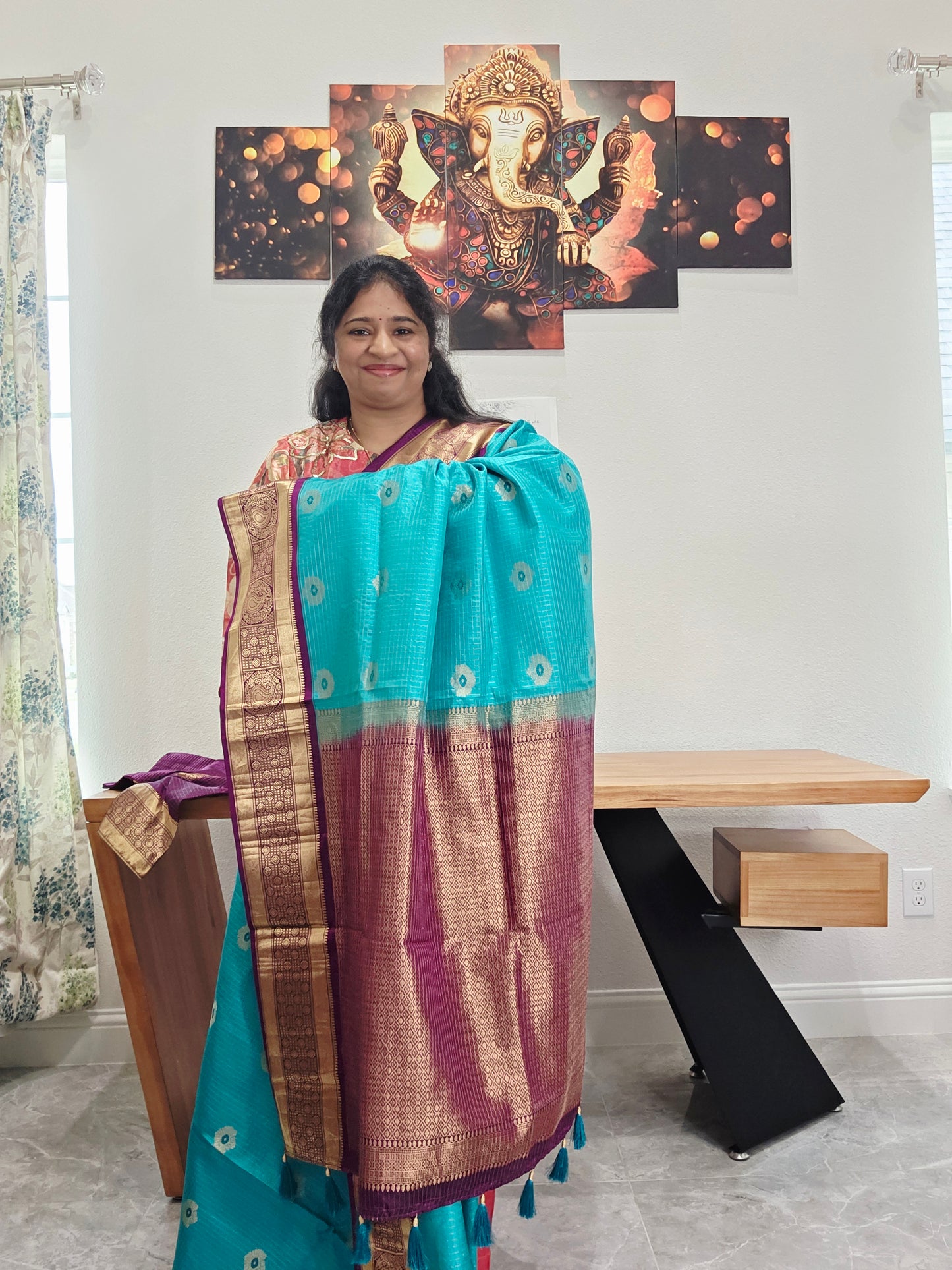 Pure Kanchi Soft Silk Turquoise Blue Saree with Purple Zari Border & Stitched Blouse
