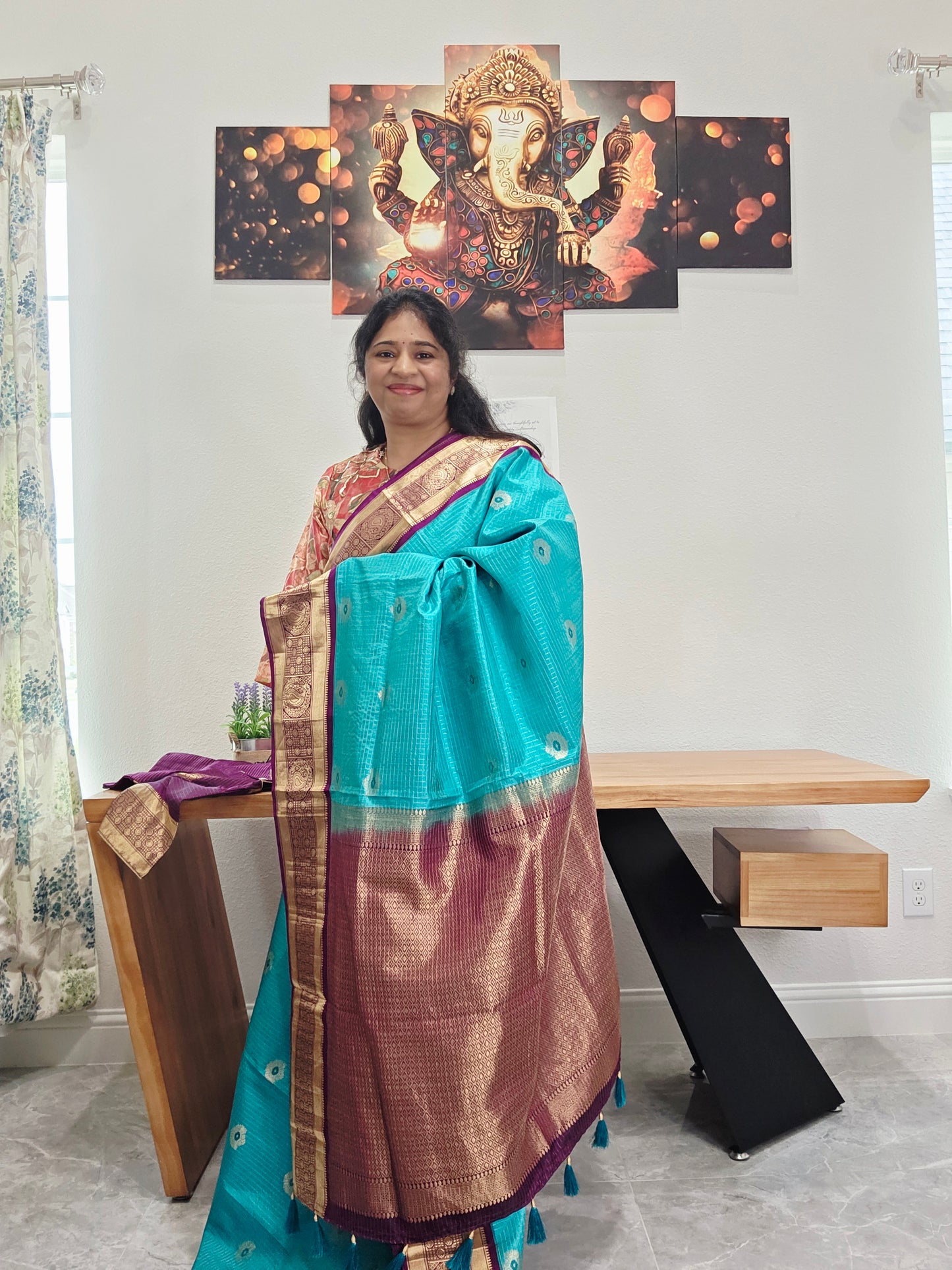 Pure Kanchi Soft Silk Turquoise Blue Saree with Purple Zari Border & Stitched Blouse