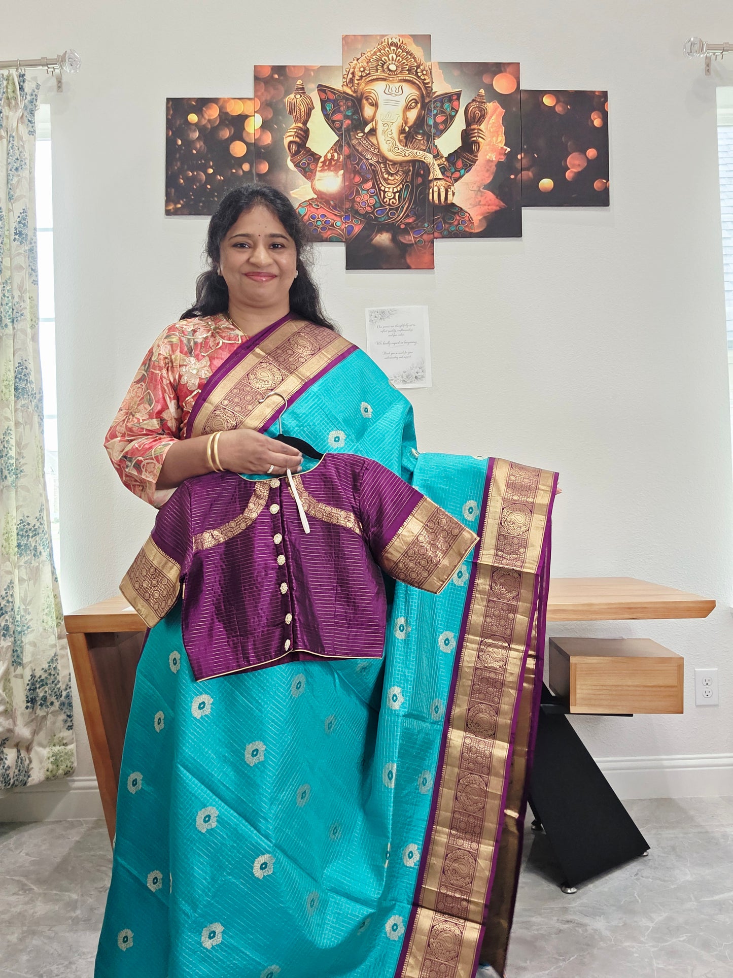 Pure Kanchi Soft Silk Turquoise Blue Saree with Purple Zari Border & Stitched Blouse