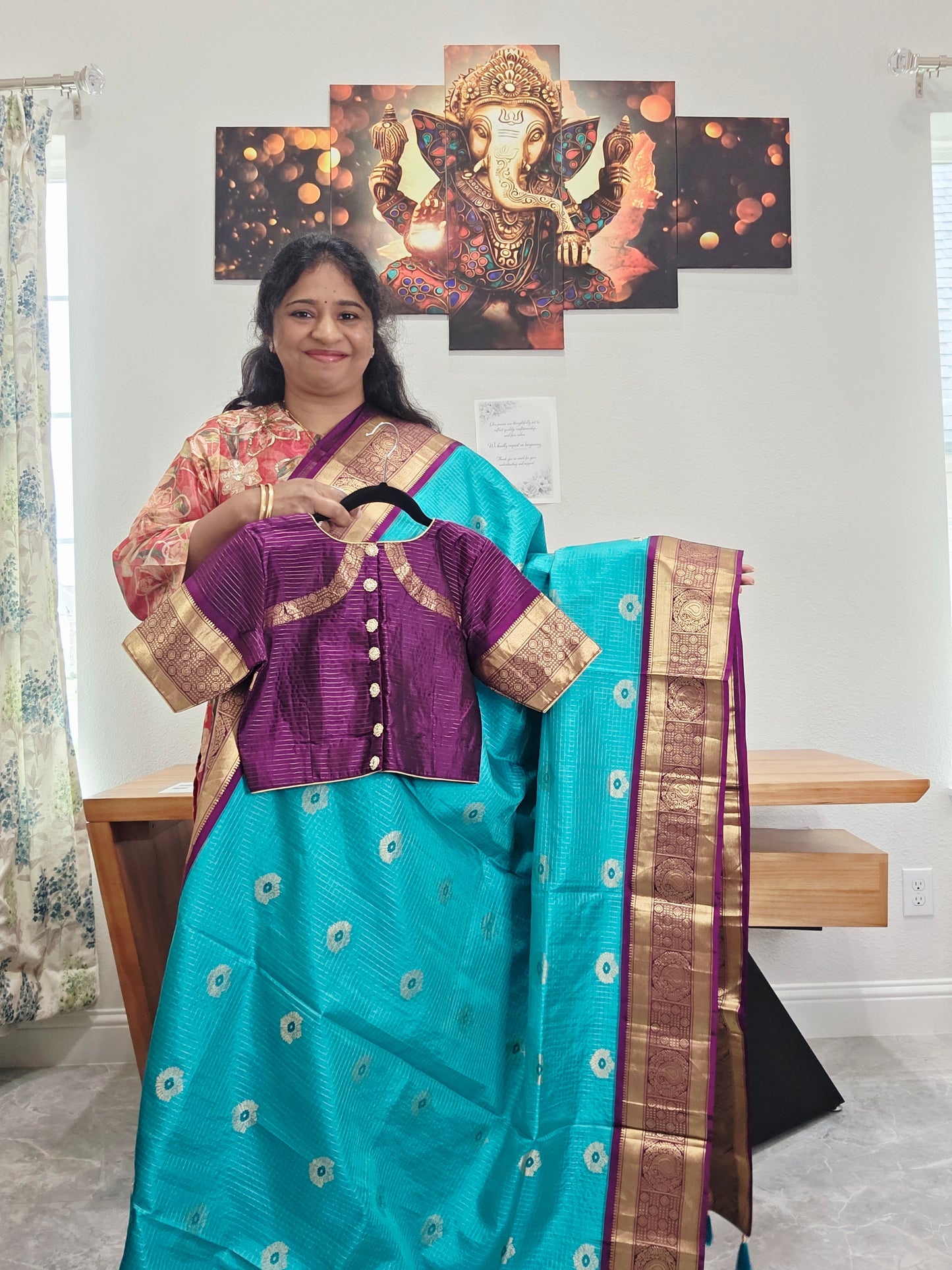 Pure Kanchi Soft Silk Turquoise Blue Saree with Purple Zari Border & Stitched Blouse