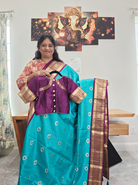 Pure Kanchi Soft Silk Turquoise Blue Saree with Purple Zari Border & Stitched Blouse