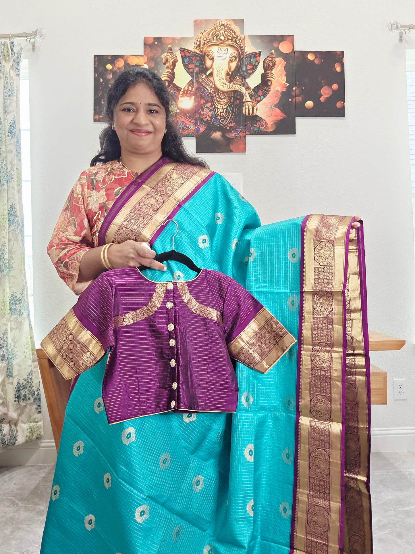 Pure Kanchi Soft Silk Turquoise Blue Saree with Purple Zari Border & Stitched Blouse