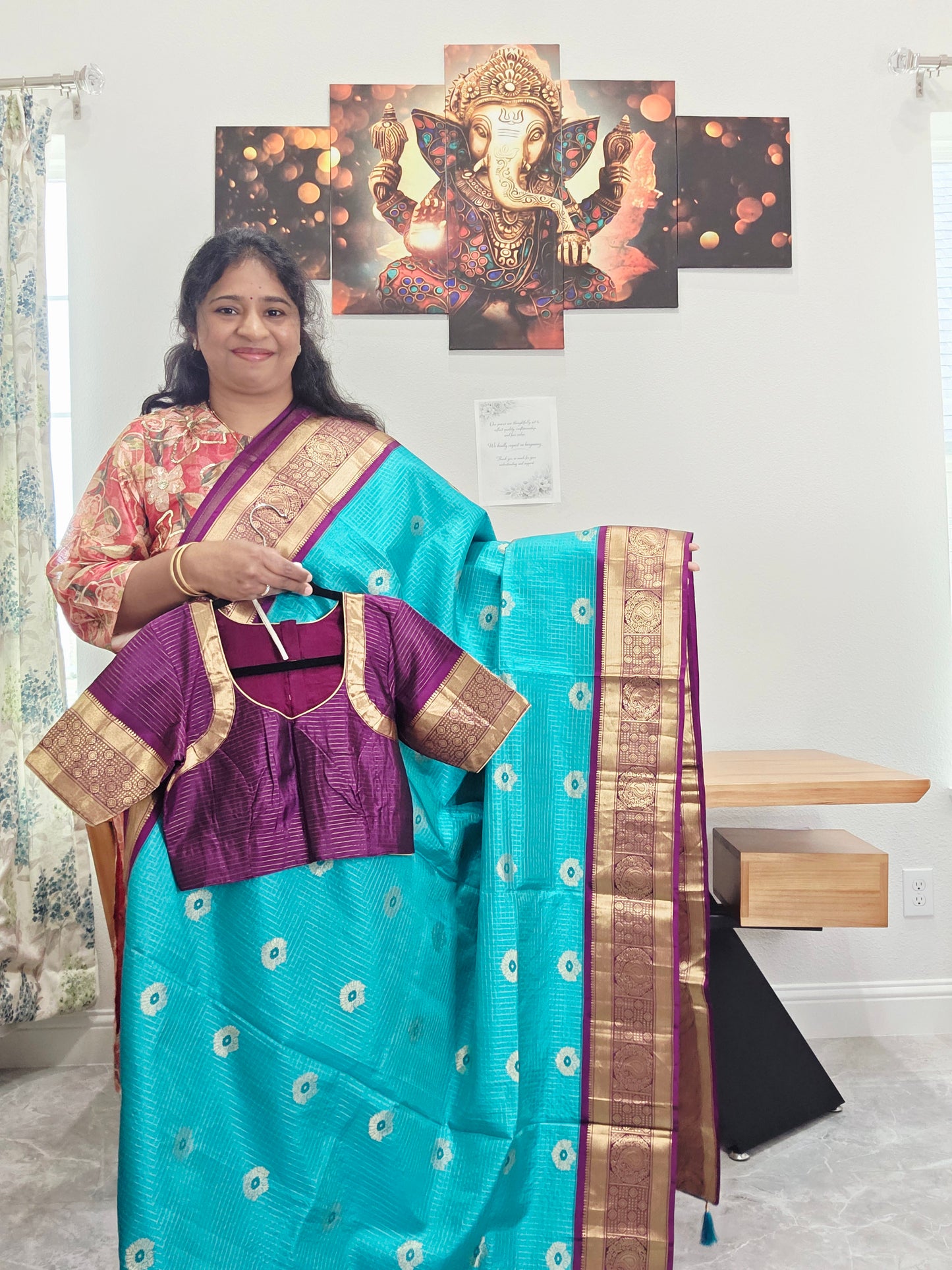 Pure Kanchi Soft Silk Turquoise Blue Saree with Purple Zari Border & Stitched Blouse