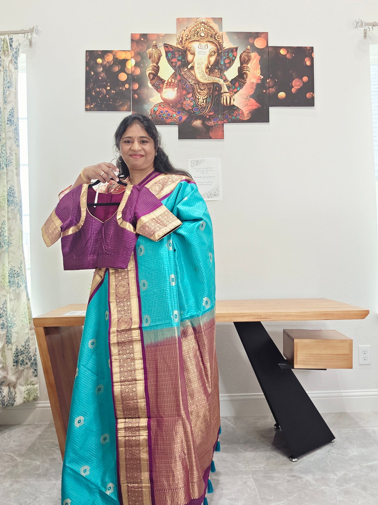 Pure Kanchi Soft Silk Turquoise Blue Saree with Purple Zari Border & Stitched Blouse