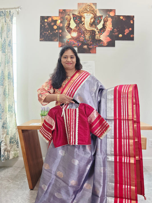 Pure Gadwal Silk Cotton Handloom Traditional Lines Border Pattern Saree - Blouse – Traditional Wedding & Festive Wear