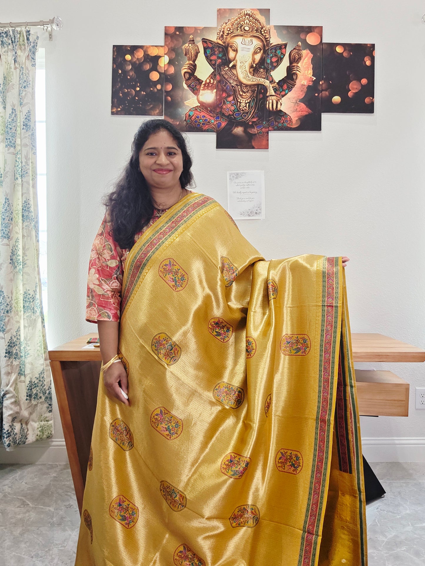 Mustard Yellow Designer Benarasi Soft Tissue Saree with Multicolor Woven Border & Stitched Blouse